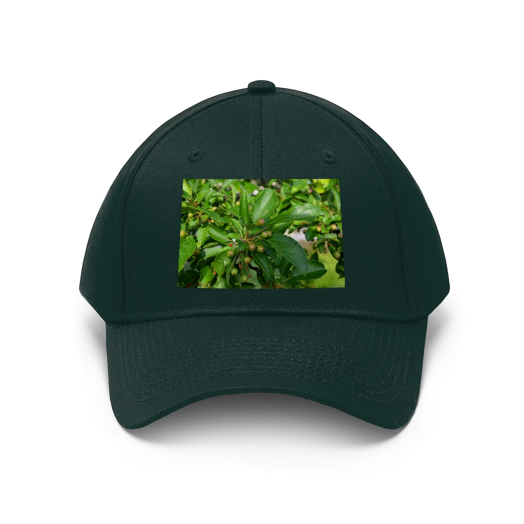 Seeds and Green Leaves Unisex Twill Hat showcasing a classic 6-panel design in durable cotton twill, featuring an adjustable Velcro closure.