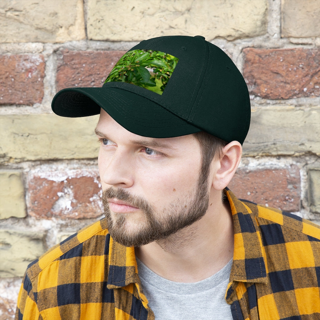 Seeds and Green Leaves Unisex Twill Hat showcasing a classic 6-panel design in durable cotton twill, featuring an adjustable Velcro closure.
