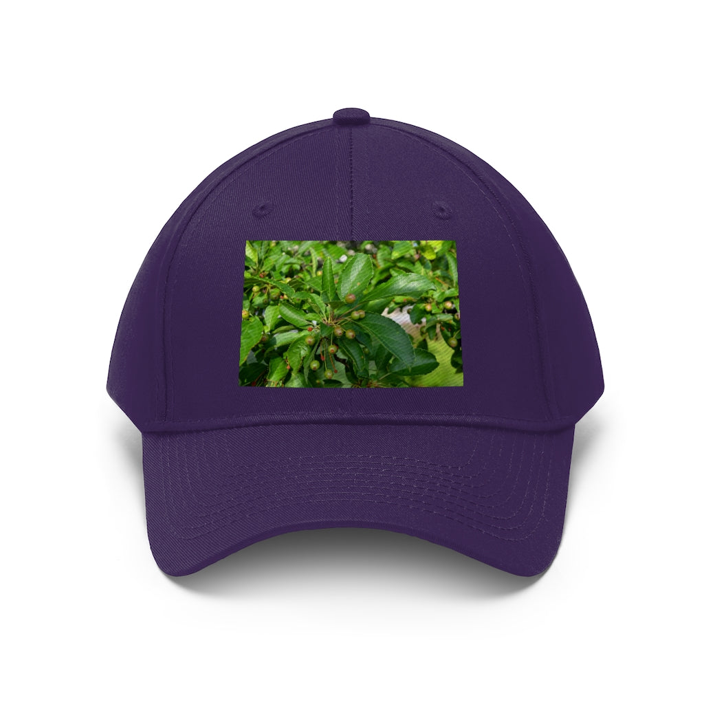 Seeds and Green Leaves Unisex Twill Hat showcasing a classic 6-panel design in durable cotton twill, featuring an adjustable Velcro closure.