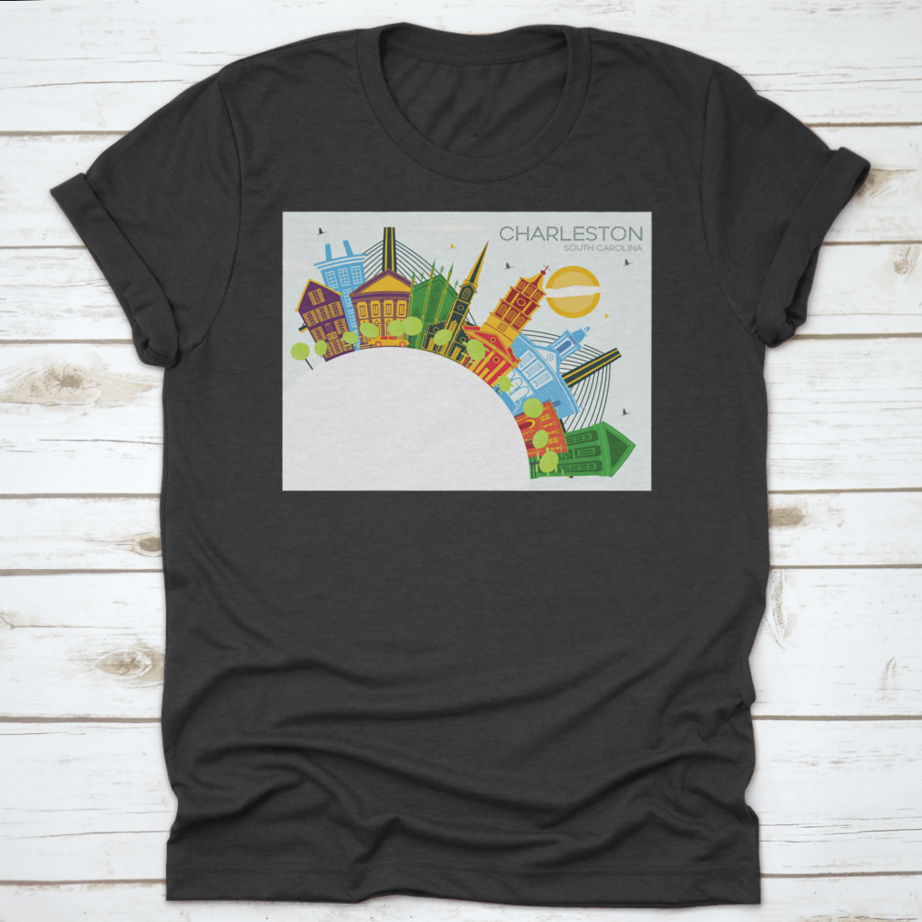 A stylish t-shirt featuring a semi-circle outline of Charleston's historic architecture, showcasing vibrant colors and a classic fit.