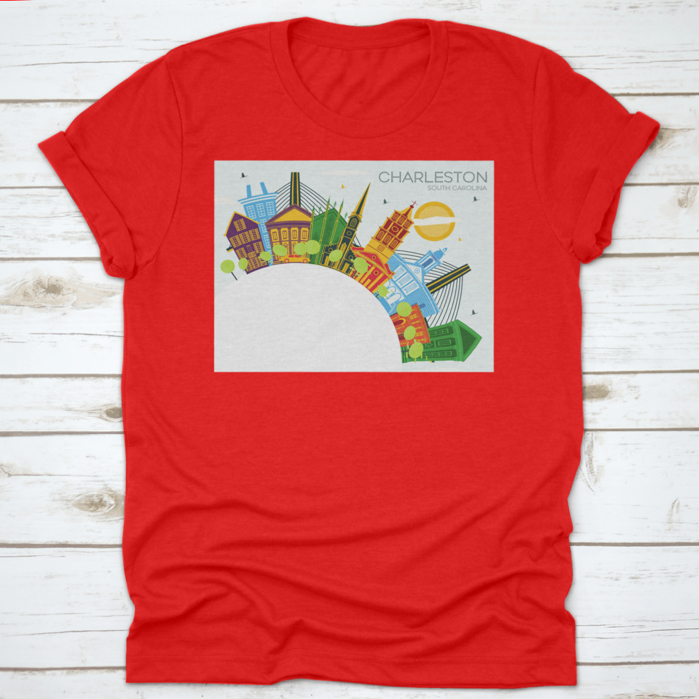 A stylish t-shirt featuring a semi-circle outline of Charleston's historic architecture, showcasing vibrant colors and a classic fit.