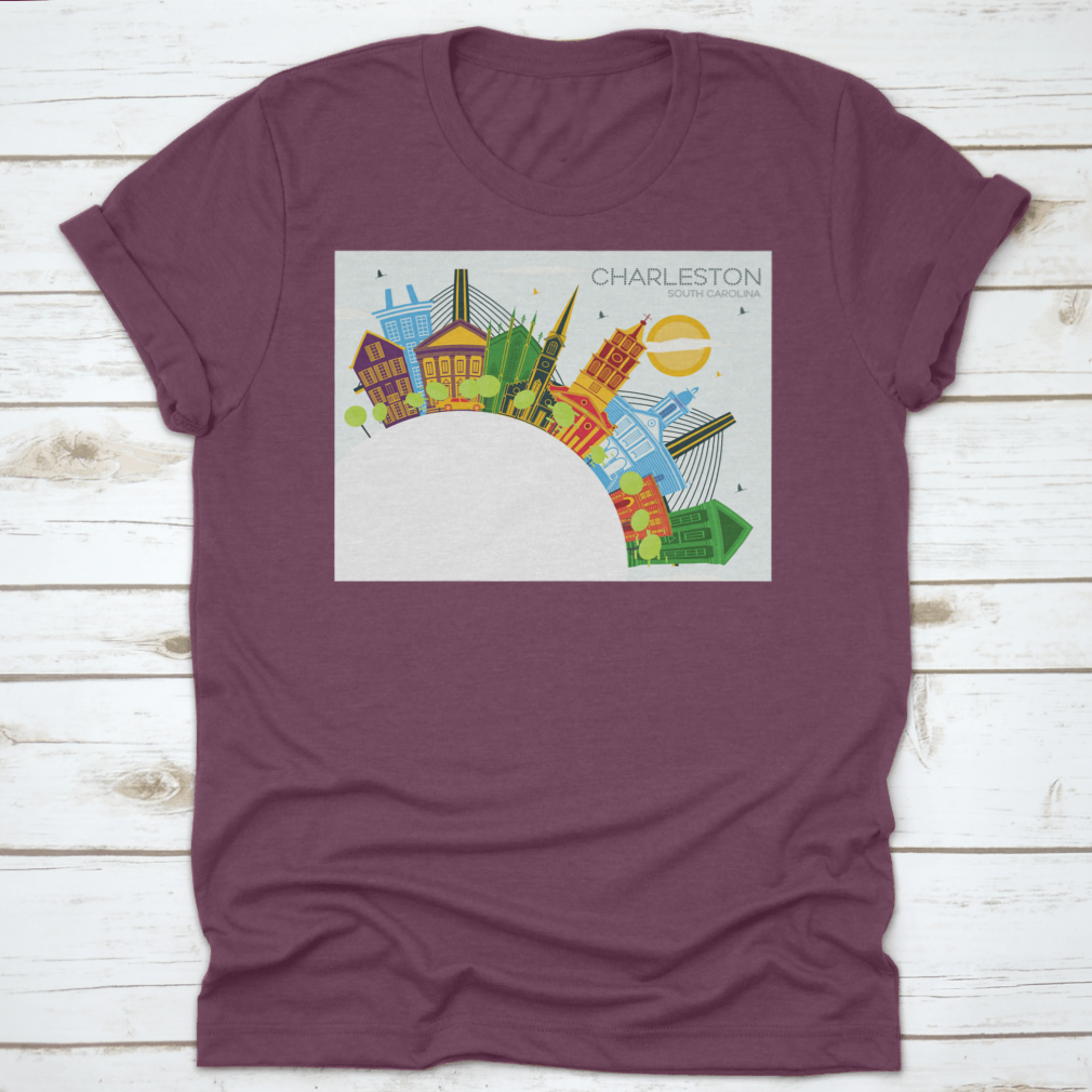A stylish t-shirt featuring a semi-circle outline of Charleston's historic architecture, showcasing vibrant colors and a classic fit.