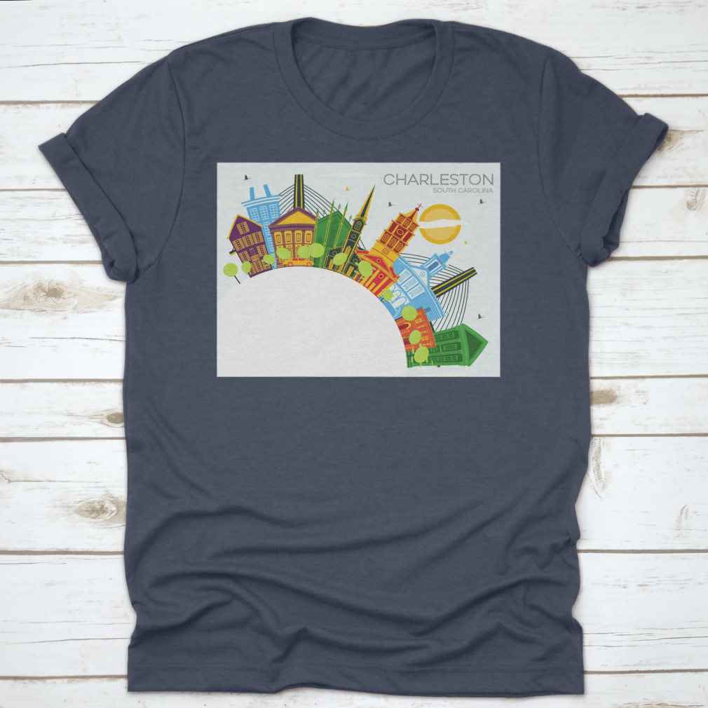 A stylish t-shirt featuring a semi-circle outline of Charleston's historic architecture, showcasing vibrant colors and a classic fit.