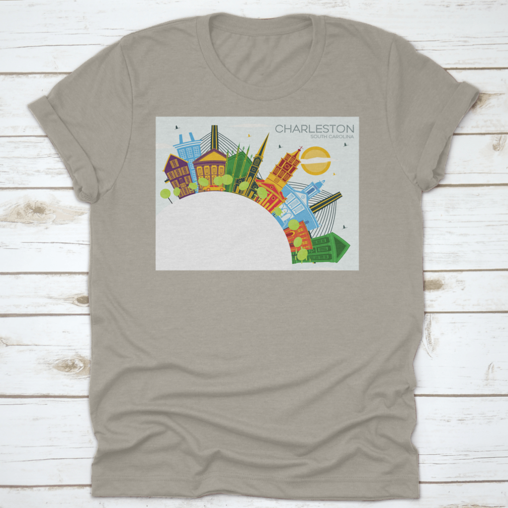 A stylish t-shirt featuring a semi-circle outline of Charleston's historic architecture, showcasing vibrant colors and a classic fit.