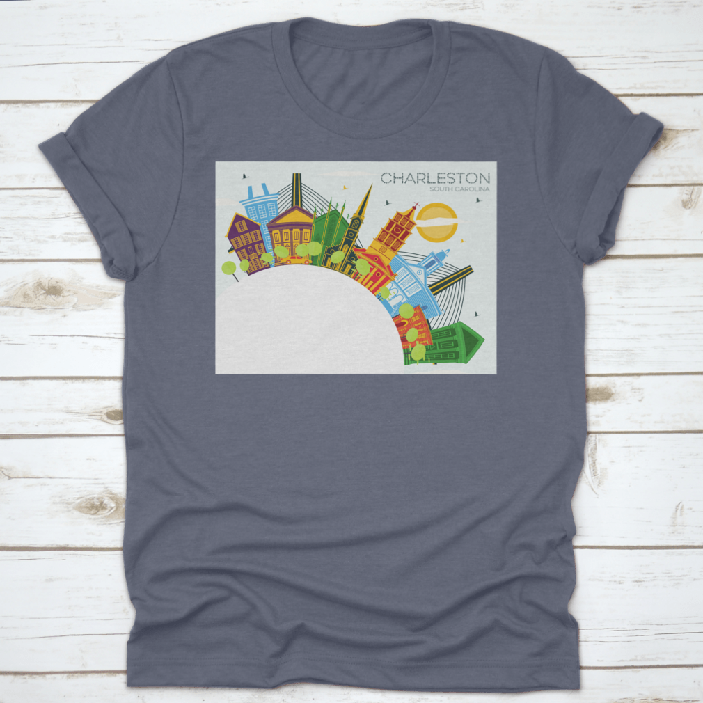 A stylish t-shirt featuring a semi-circle outline of Charleston's historic architecture, showcasing vibrant colors and a classic fit.