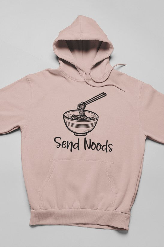 Send Noods Hoodie featuring unique artistic designs, adjustable hood, and cozy fleece lining.