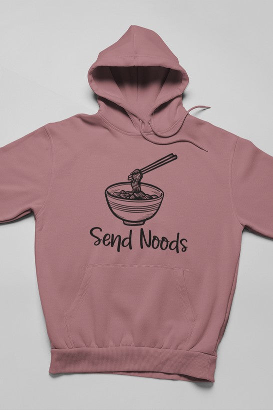 Send Noods Hoodie featuring unique artistic designs, adjustable hood, and cozy fleece lining.