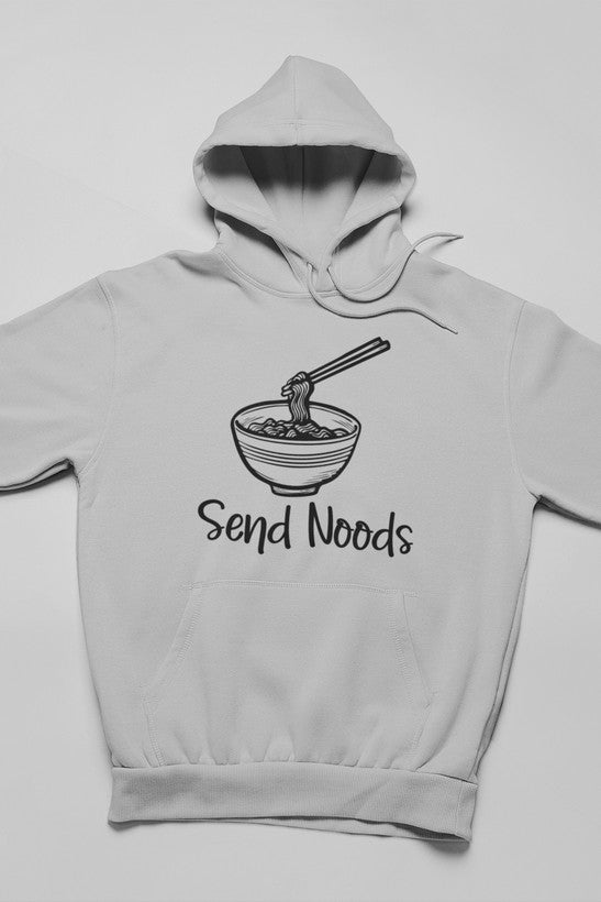 Send Noods Hoodie featuring unique artistic designs, adjustable hood, and cozy fleece lining.