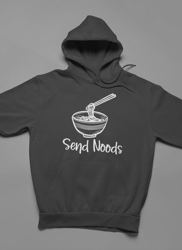 Send Noods Hoodie featuring unique artistic designs, adjustable hood, and cozy fleece lining.