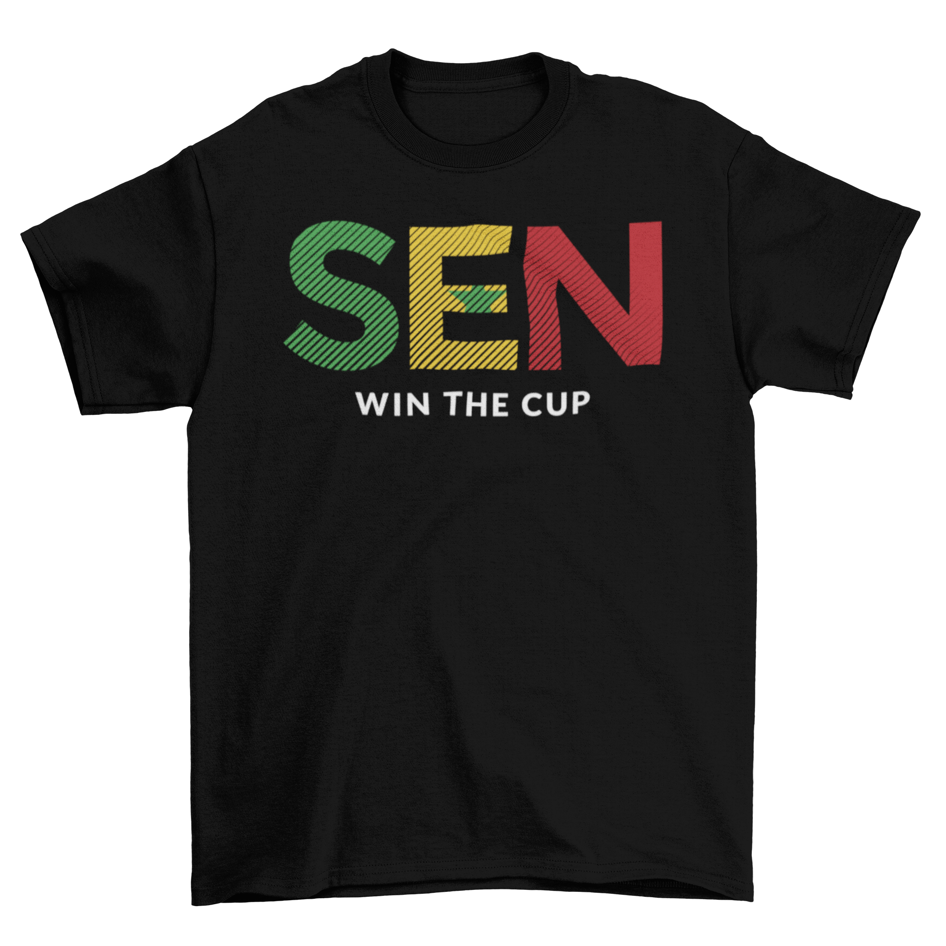 Senegal World Cup t-shirt featuring SEN letters with the Senegal flag and win the cup caption, perfect for football fans.