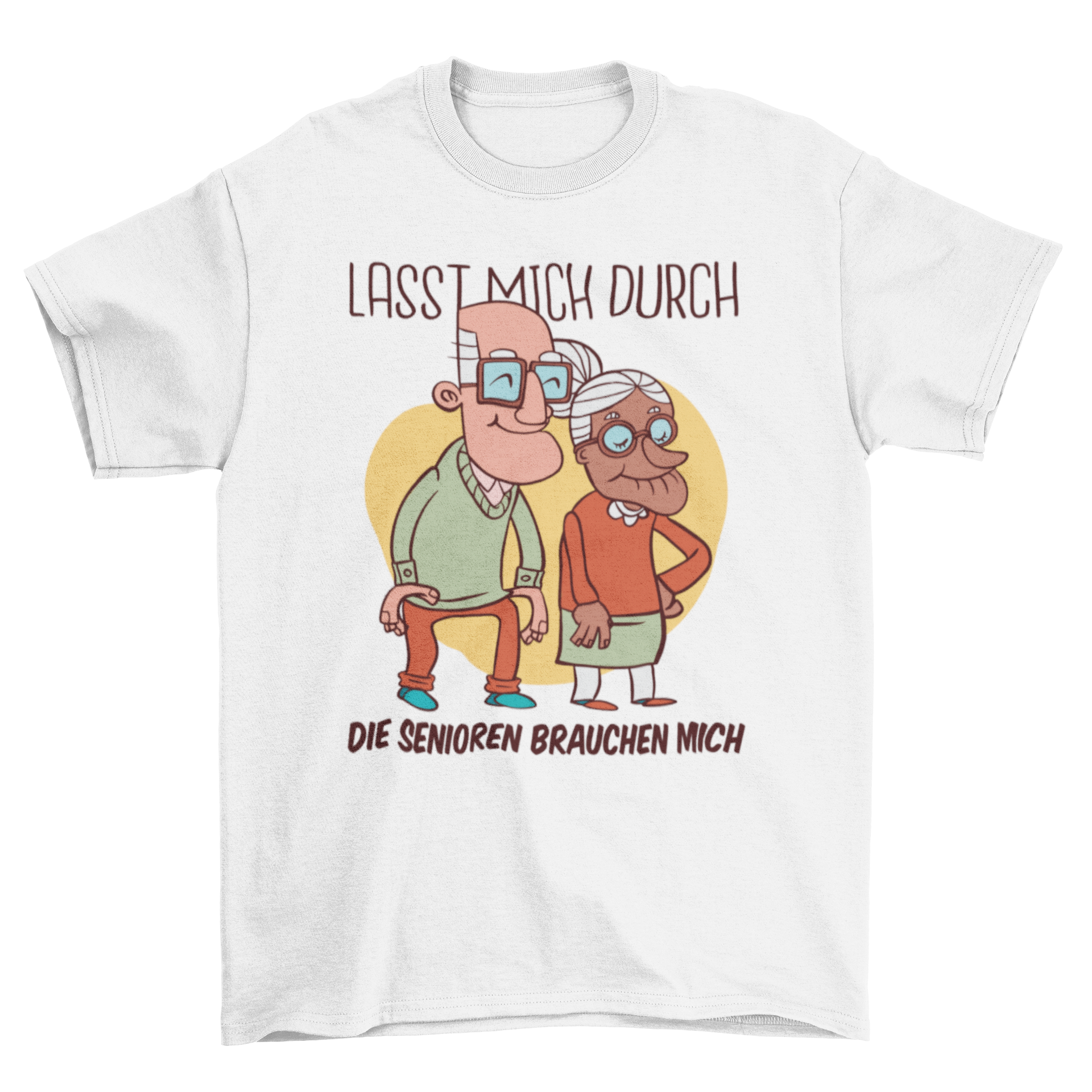 A cartoon t-shirt featuring two elderly people and the quote 'Let me through, the seniors need me', perfect for caregivers.