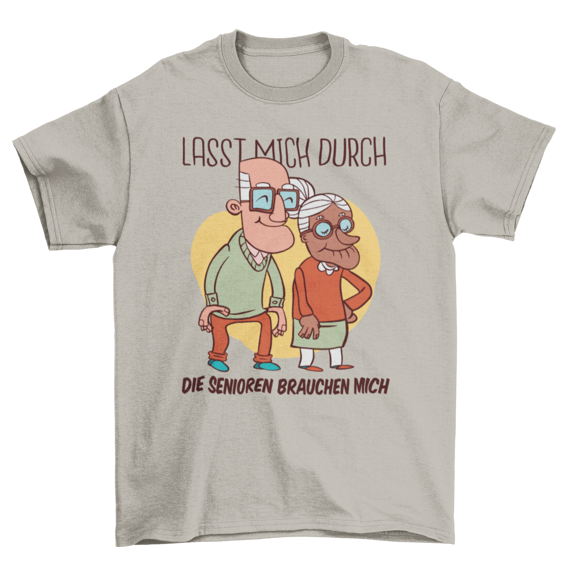 A cartoon t-shirt featuring two elderly people and the quote 'Let me through, the seniors need me', perfect for caregivers.