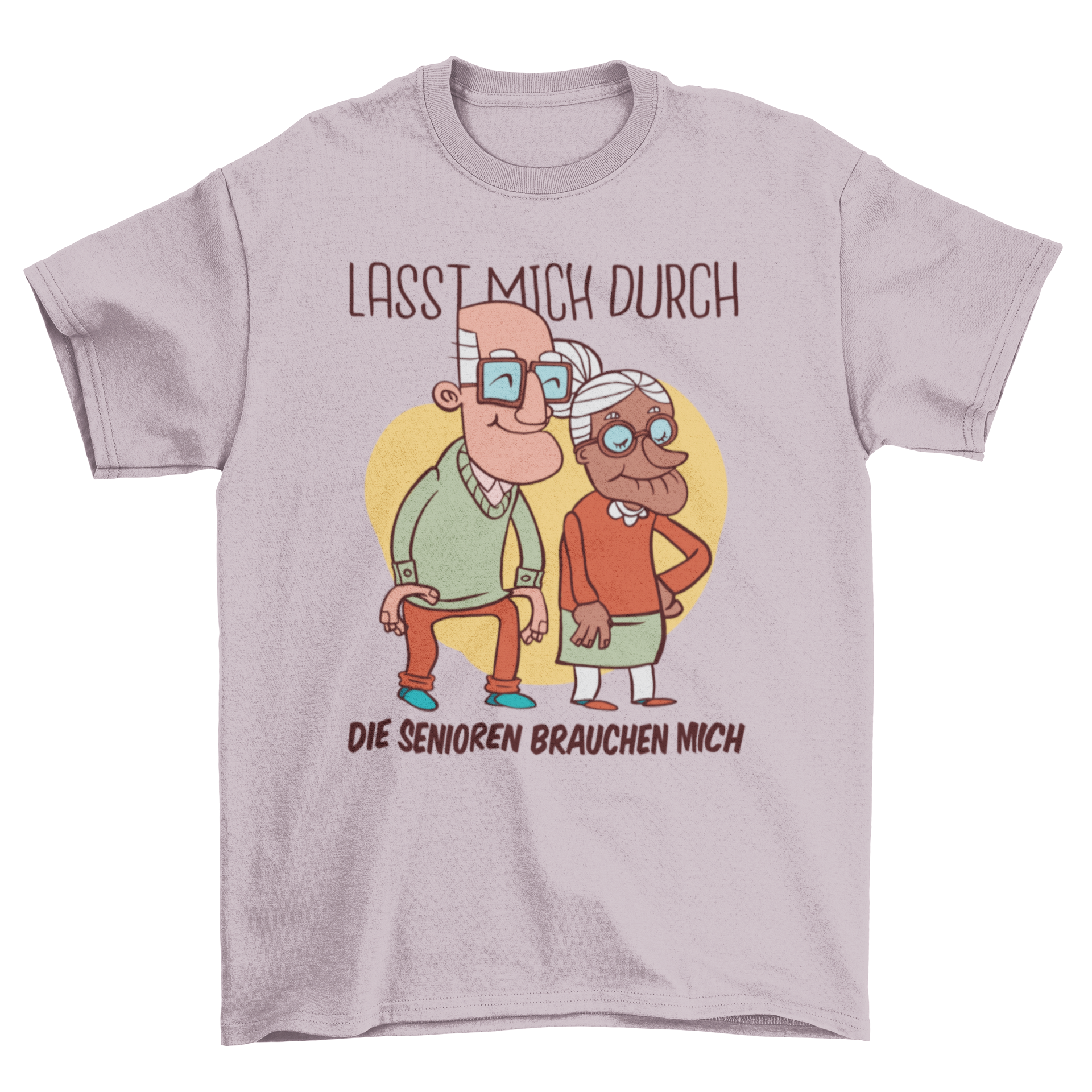 A cartoon t-shirt featuring two elderly people and the quote 'Let me through, the seniors need me', perfect for caregivers.