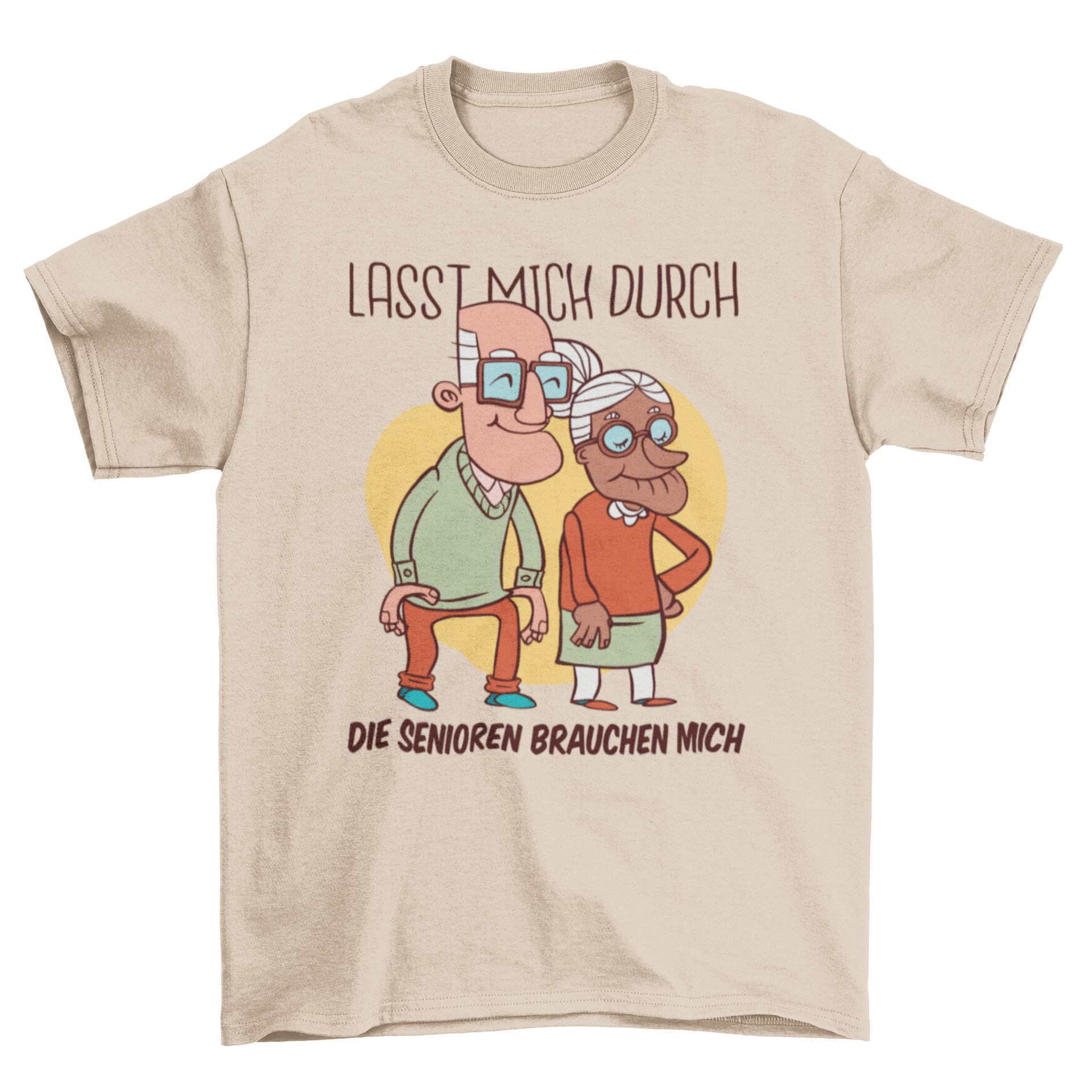 A cartoon t-shirt featuring two elderly people and the quote 'Let me through, the seniors need me', perfect for caregivers.