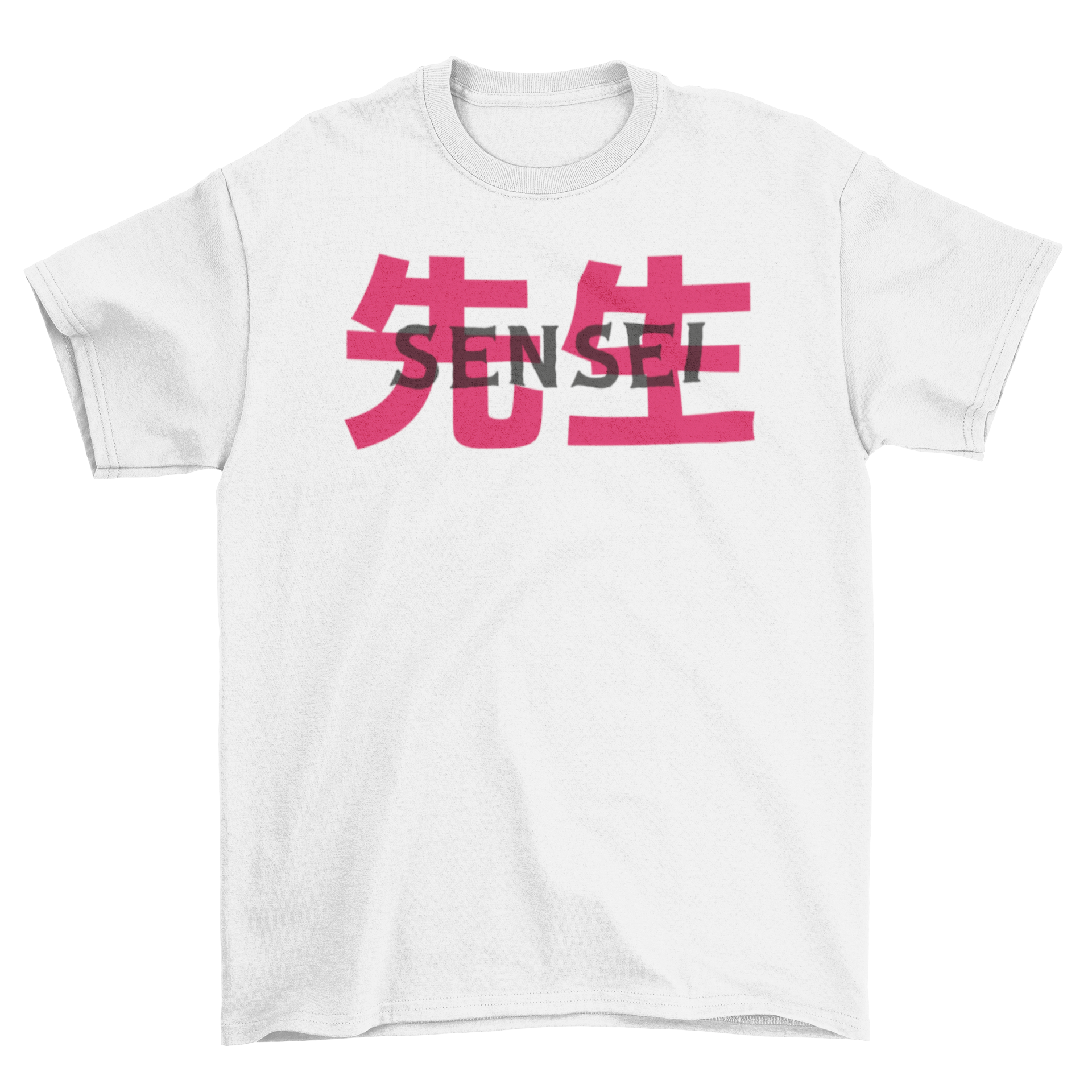 A stylish Sensei t-shirt featuring the word 'Sensei' in Roman alphabet and Kanji, showcasing a unique design.