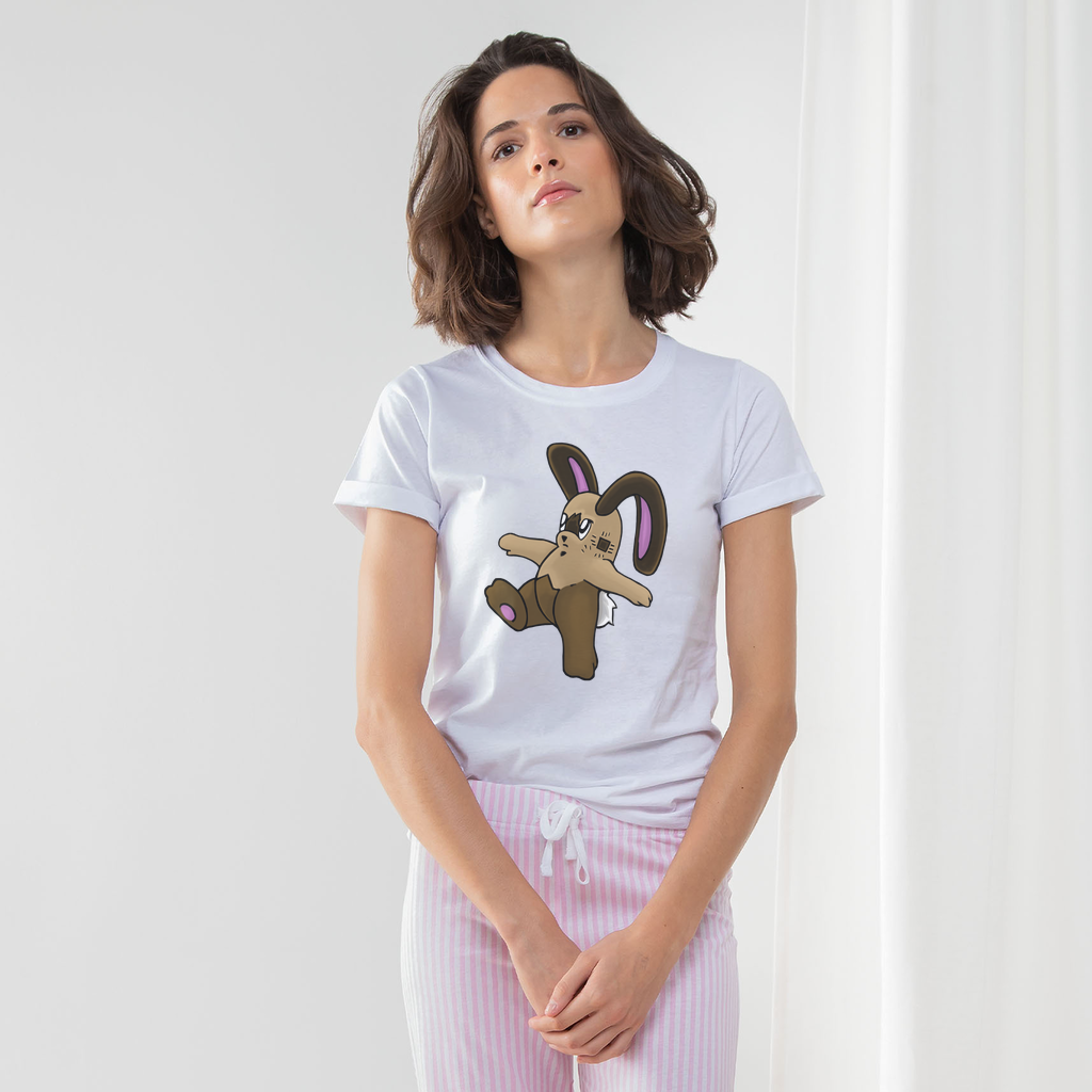 Sentra Women's Long Pant Pyjama Set featuring a white t-shirt with turn-up cuffs and striped pants in Heather Grey or Light Pink, accompanied by a matching drawcord bag.