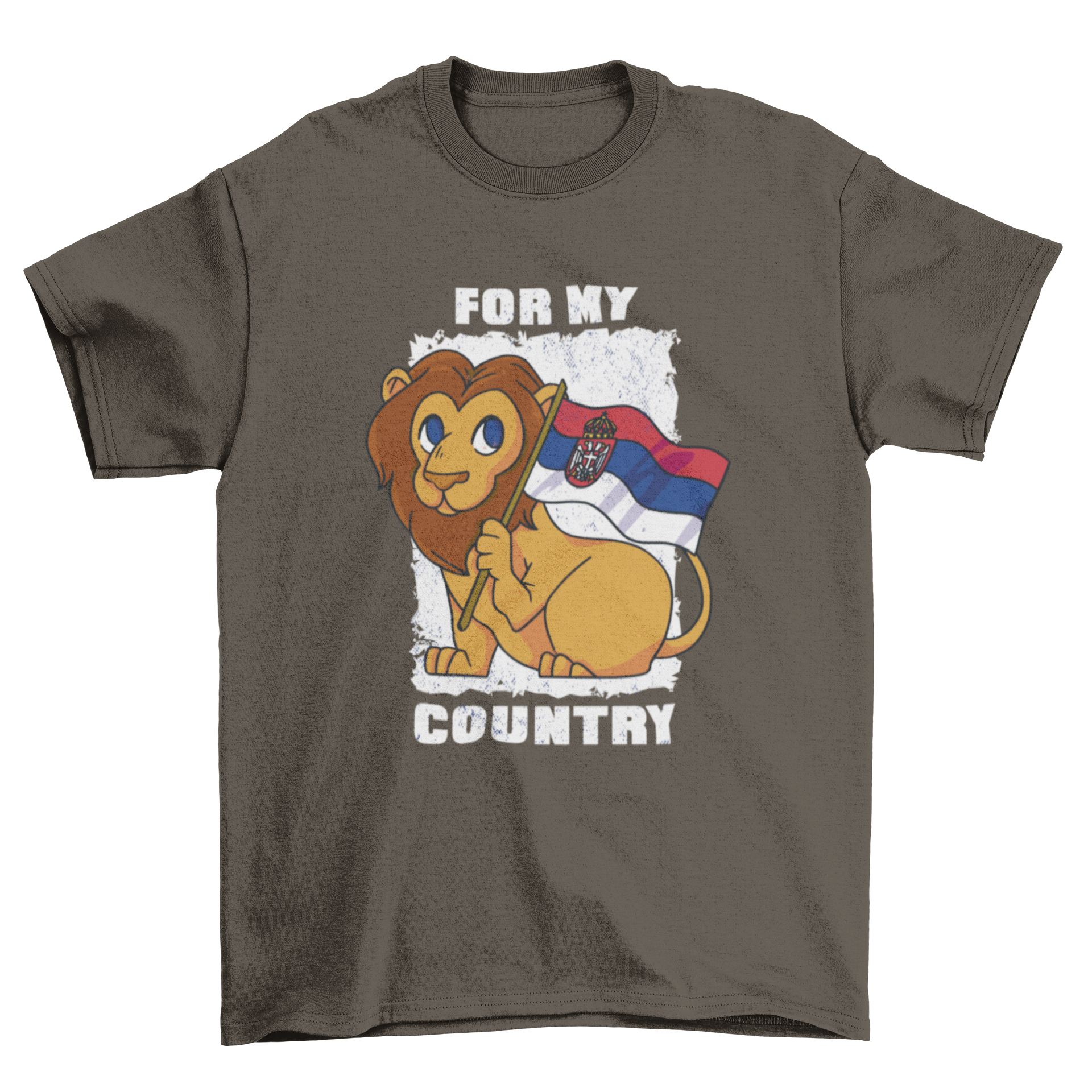 A vibrant Serbian cute lion t-shirt featuring a cartoon lion design with the Serbian flag colors.