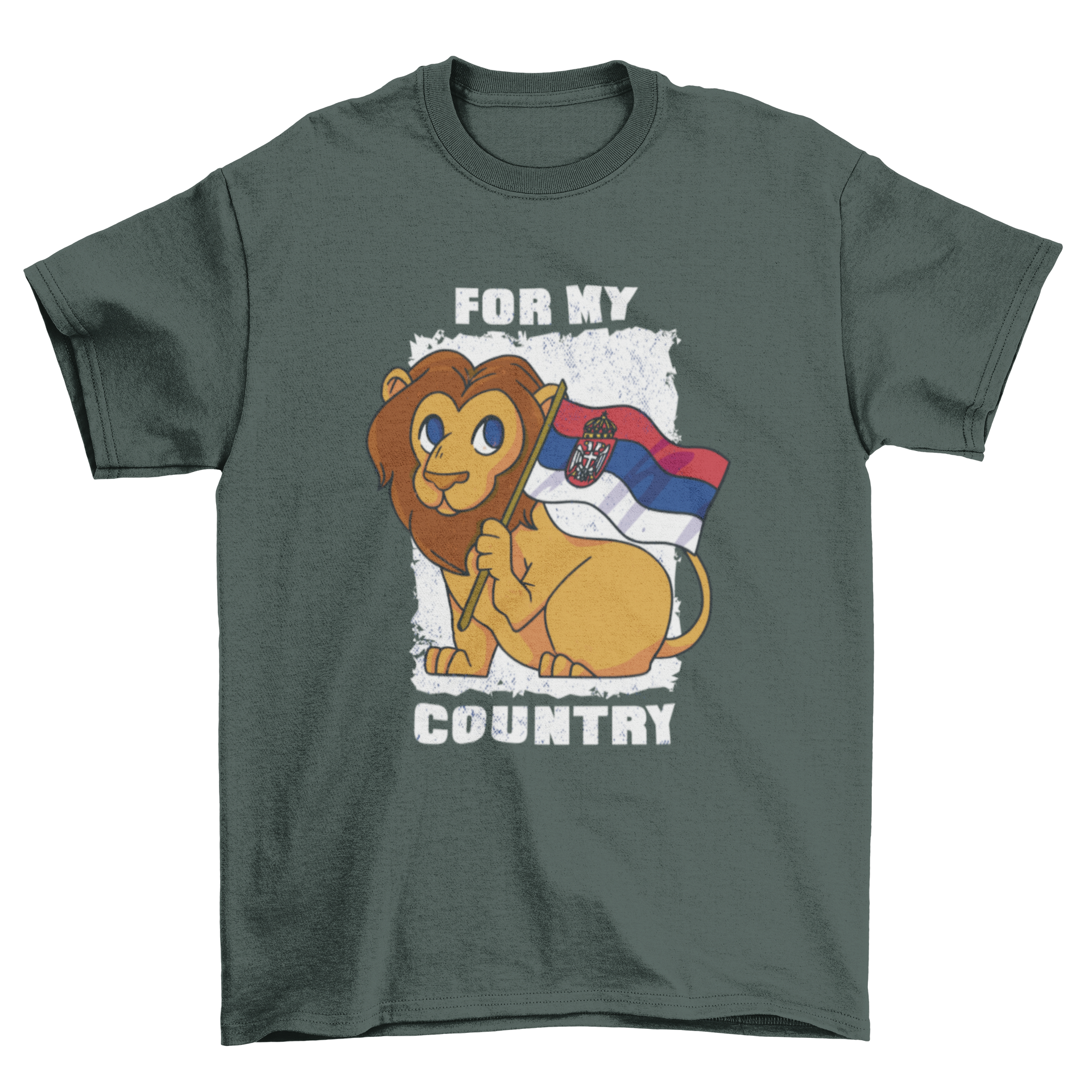 A vibrant Serbian cute lion t-shirt featuring a cartoon lion design with the Serbian flag colors.