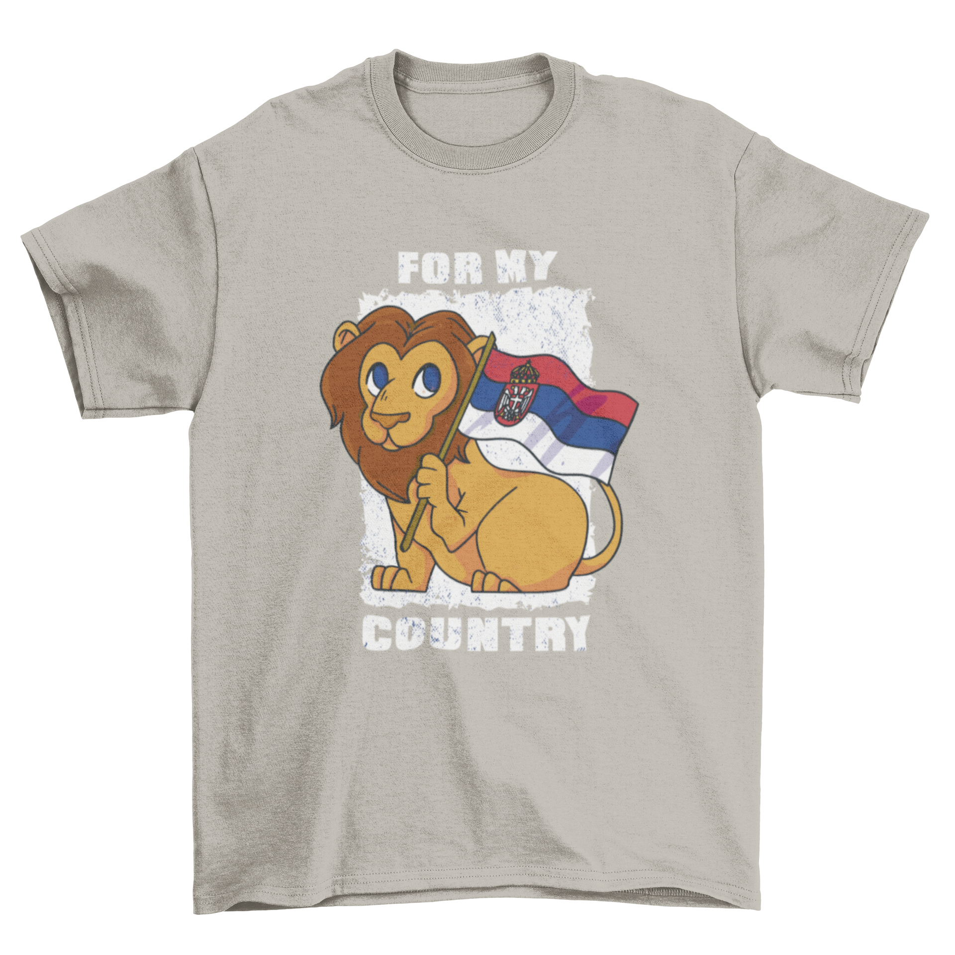 A vibrant Serbian cute lion t-shirt featuring a cartoon lion design with the Serbian flag colors.