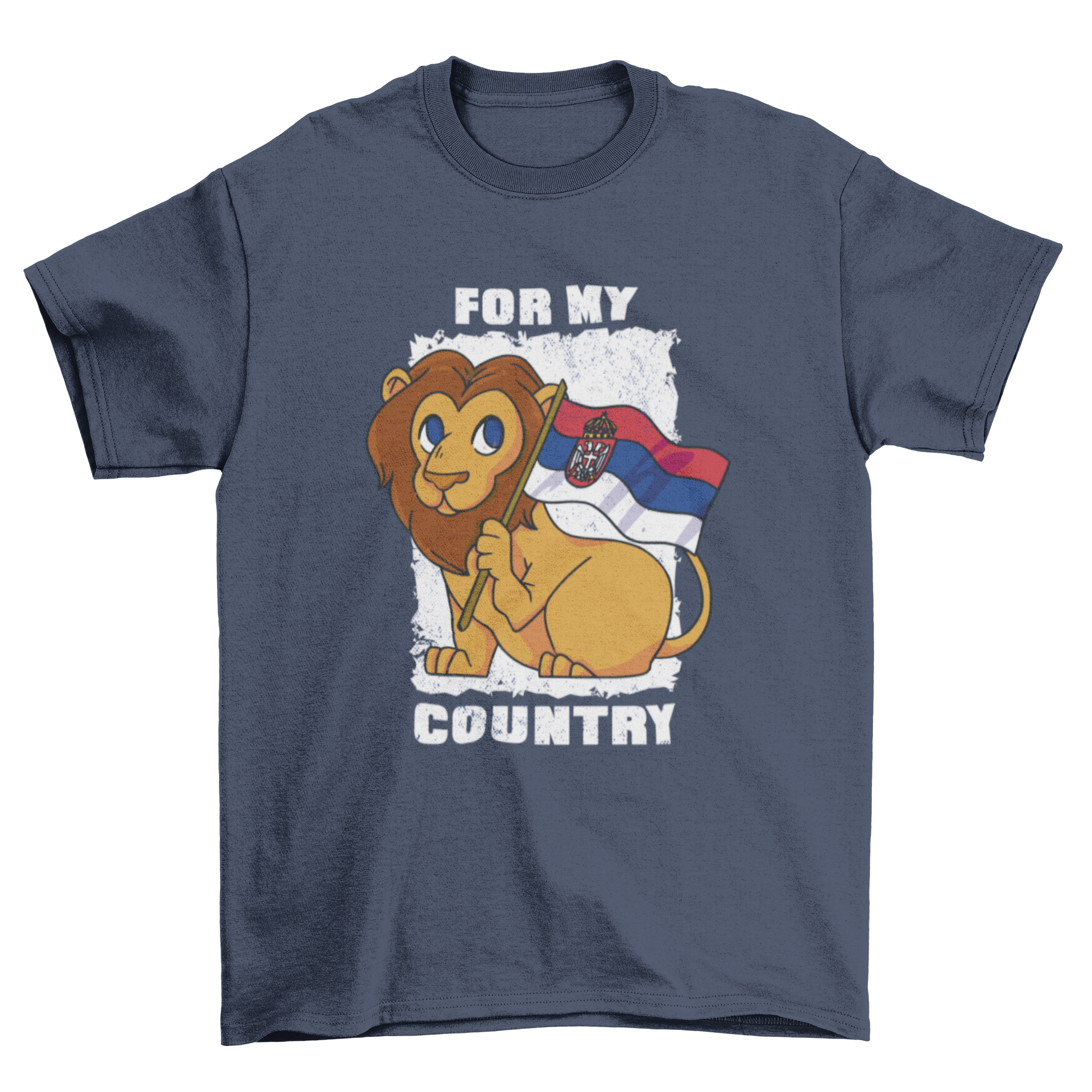 A vibrant Serbian cute lion t-shirt featuring a cartoon lion design with the Serbian flag colors.