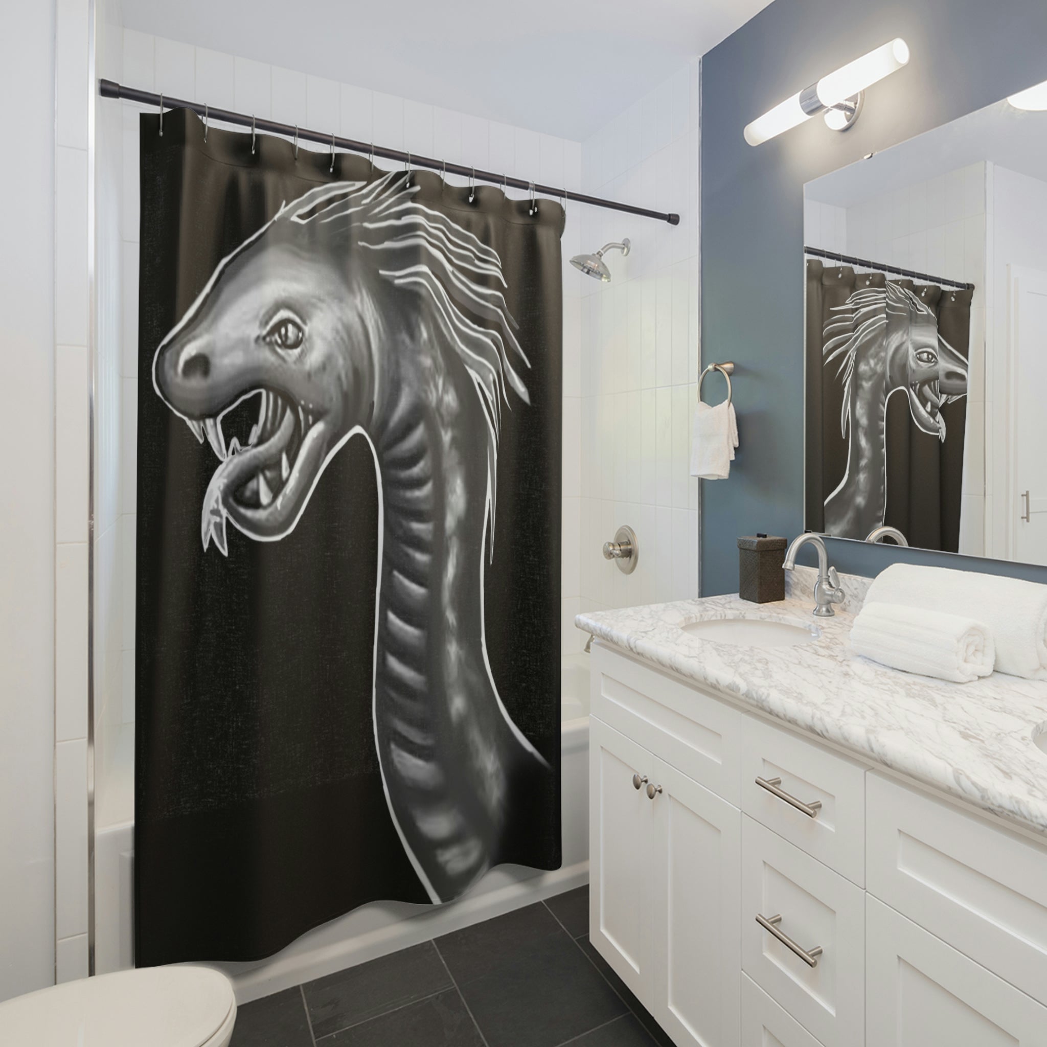 Serpent Bathroom Shower Curtain featuring a vibrant design on durable polyester fabric, ideal for stylish bathroom decor.