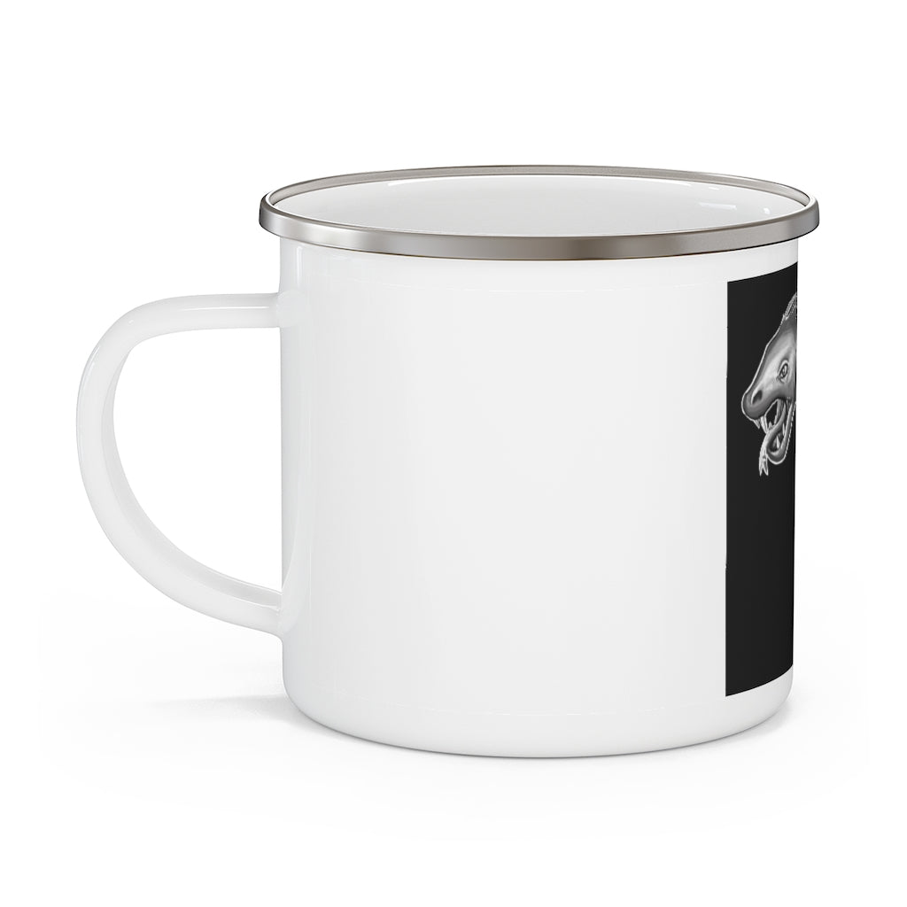 Serpent Enamel Camping Mug with a stylish design, featuring a C-handle and rounded corners, perfect for outdoor adventures.