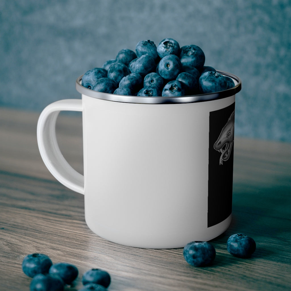 Serpent Enamel Camping Mug with a stylish design, featuring a C-handle and rounded corners, perfect for outdoor adventures.
