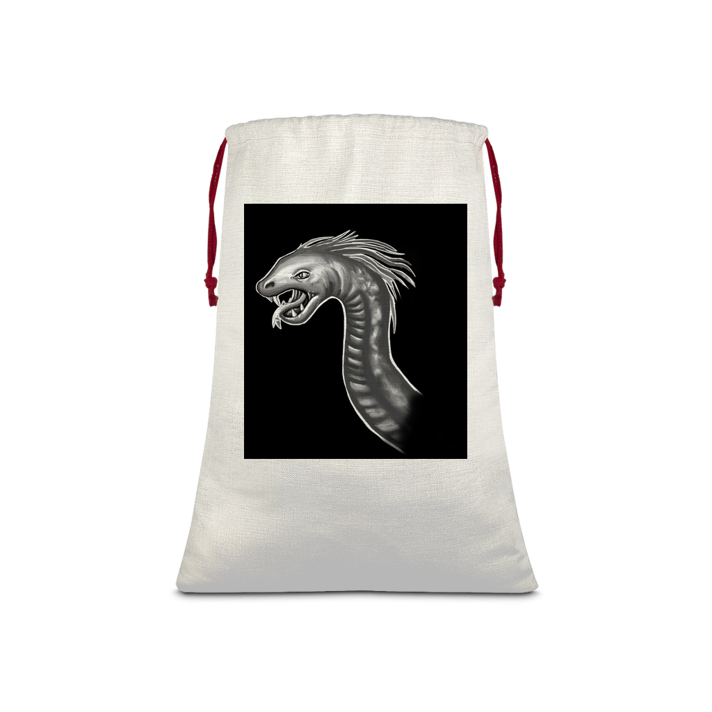 Serpent Sublimation Linen Drawstring Sack with red drawstring, showcasing its linen effect and eco-friendly print.