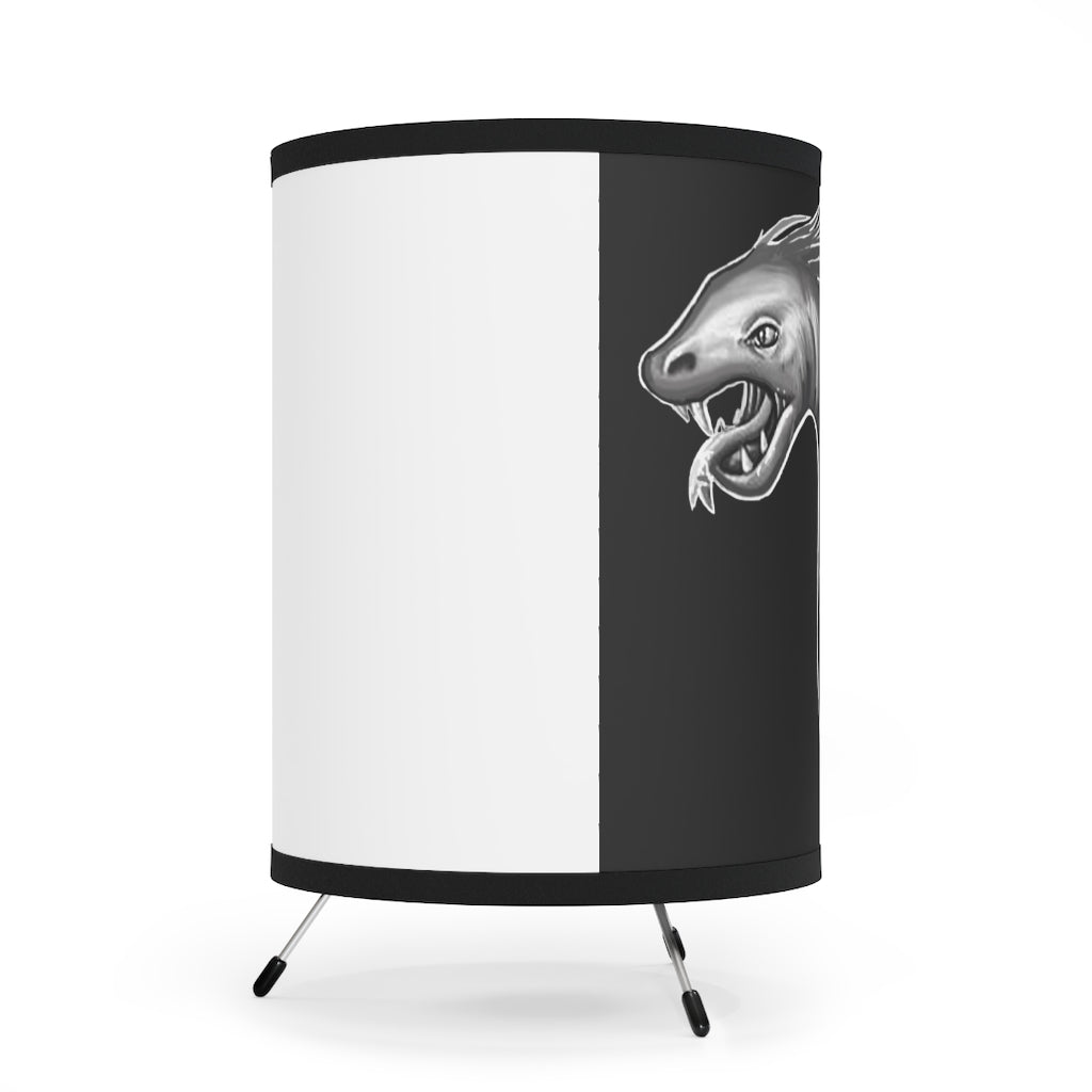 Serpent Tripod Lamp featuring a galvanized steel base and a custom high-resolution printed shade, ideal for home decor.