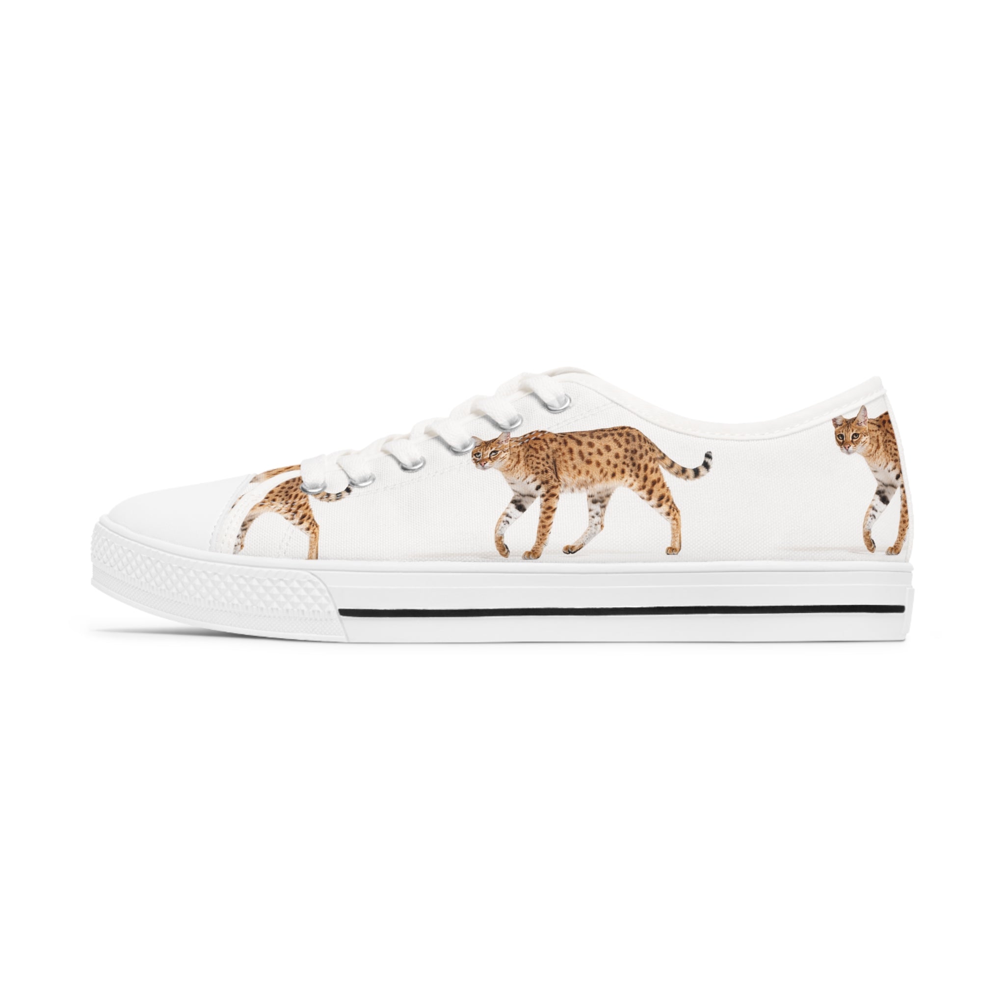 A pair of stylish Serval Cat Women's Low Top Sneakers featuring breathable canvas, memory foam insoles, and customizable design options.