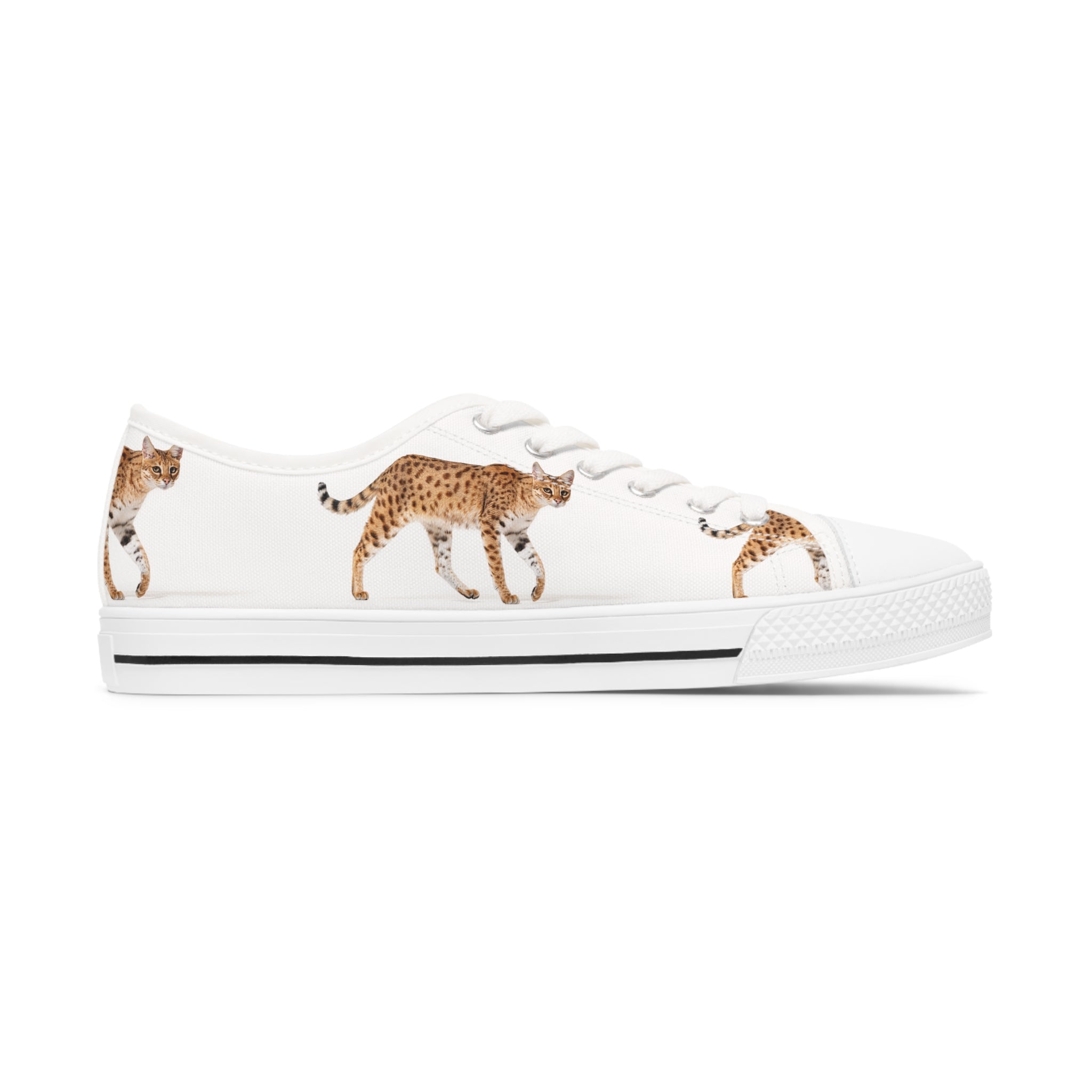 A pair of stylish Serval Cat Women's Low Top Sneakers featuring breathable canvas, memory foam insoles, and customizable design options.