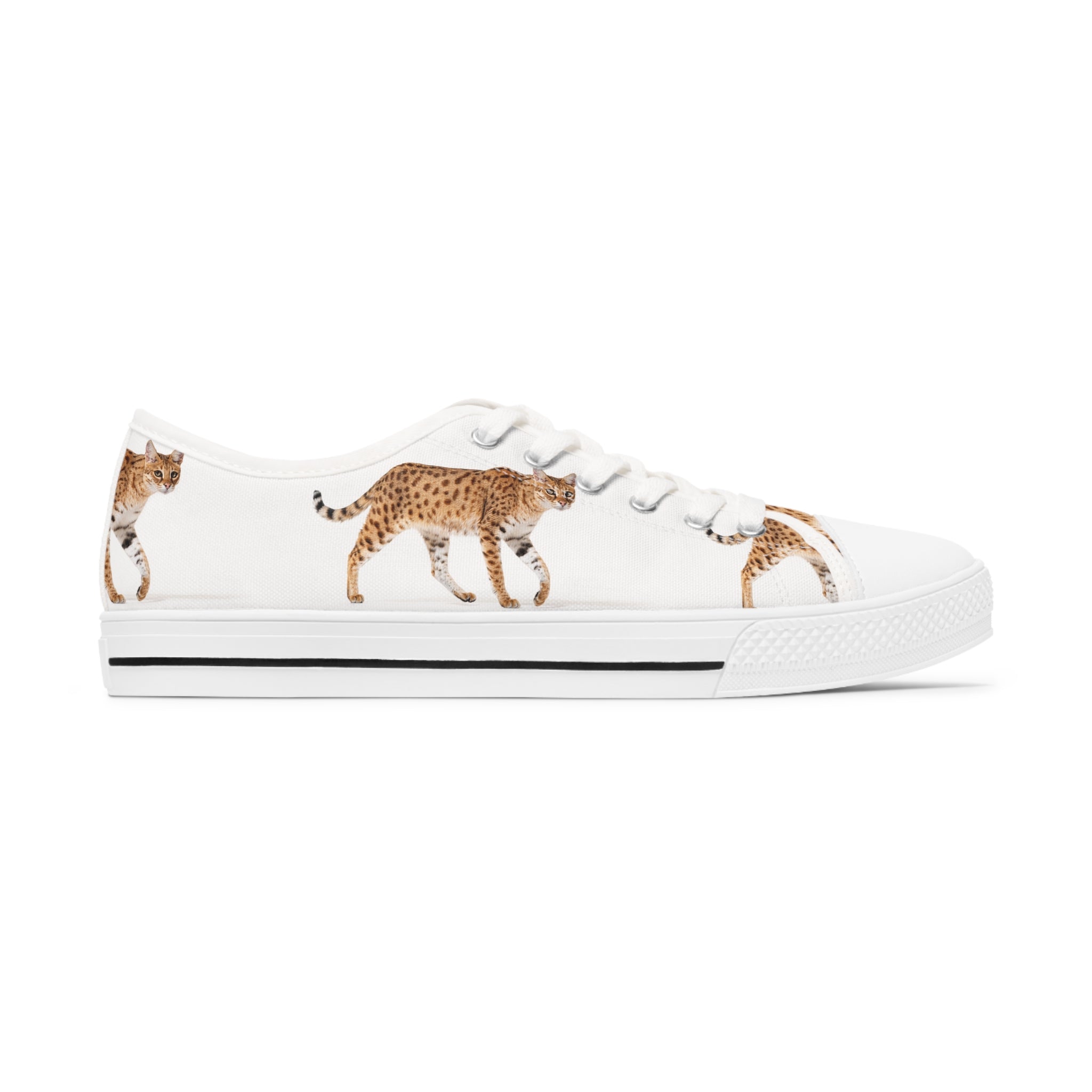 A pair of stylish Serval Cat Women's Low Top Sneakers featuring breathable canvas, memory foam insoles, and customizable design options.