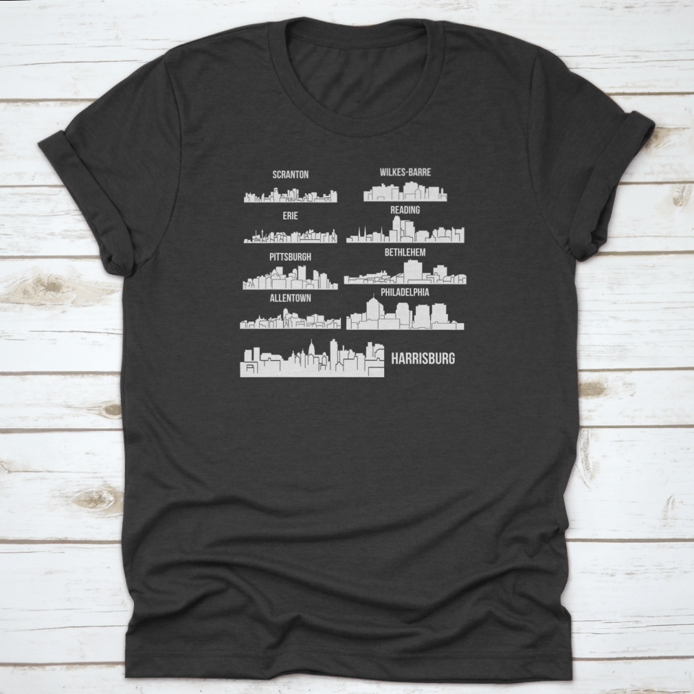 Set of 9 City T-Shirts featuring designs from Harrisburg, Pittsburgh, and Philadelphia, made from 100% cotton with a classic fit.