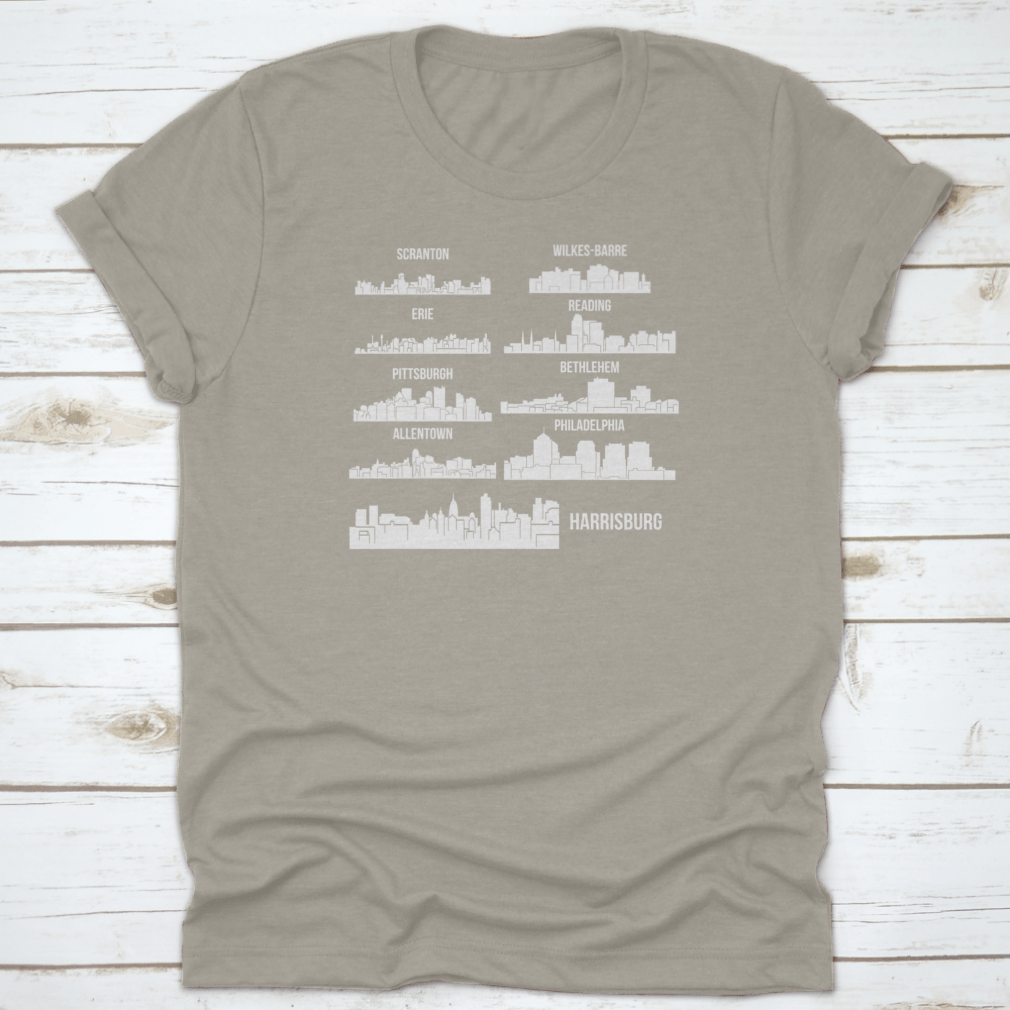 Set of 9 City T-Shirts featuring designs from Harrisburg, Pittsburgh, and Philadelphia, made from 100% cotton with a classic fit.