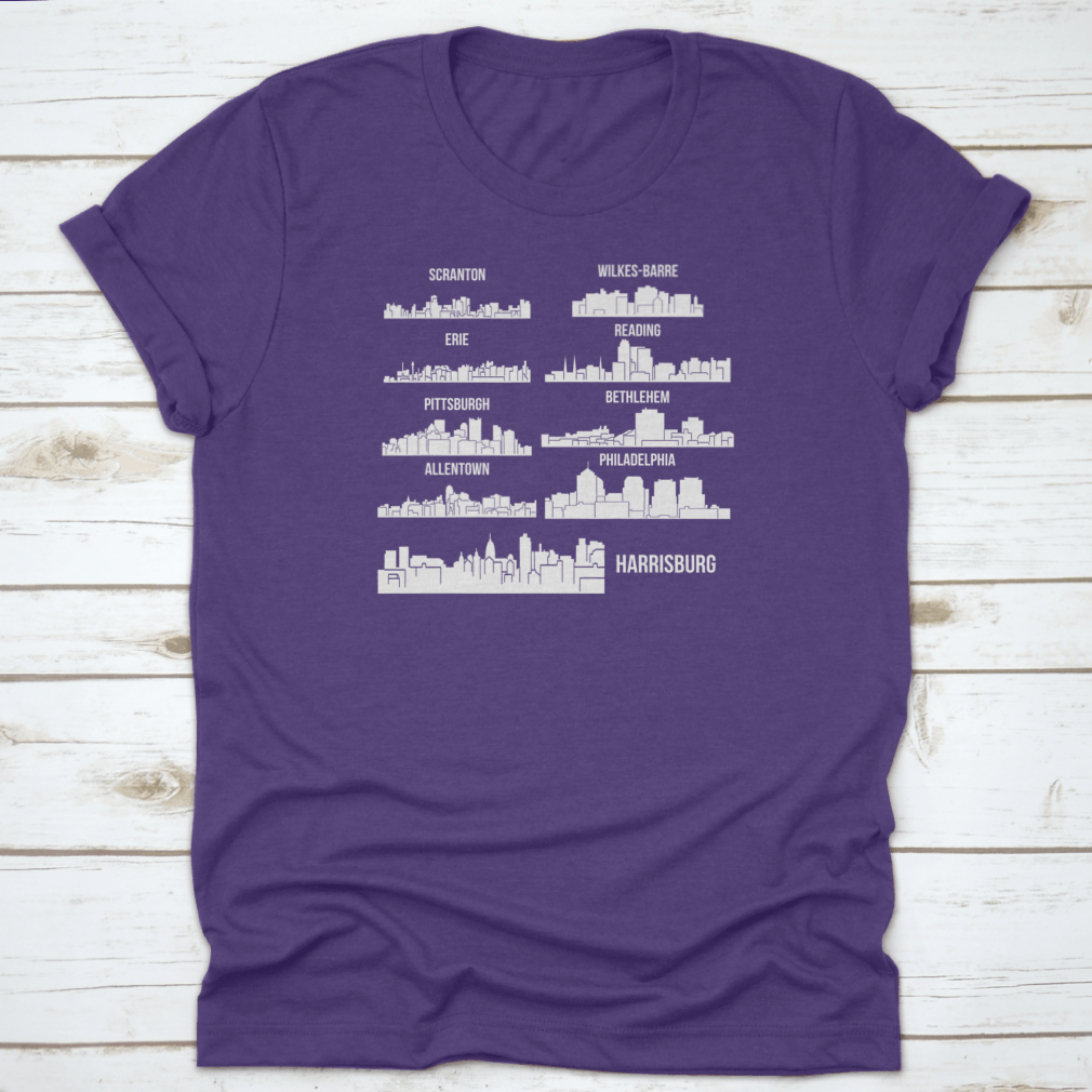 Set of 9 City T-Shirts featuring designs from Harrisburg, Pittsburgh, and Philadelphia, made from 100% cotton with a classic fit.