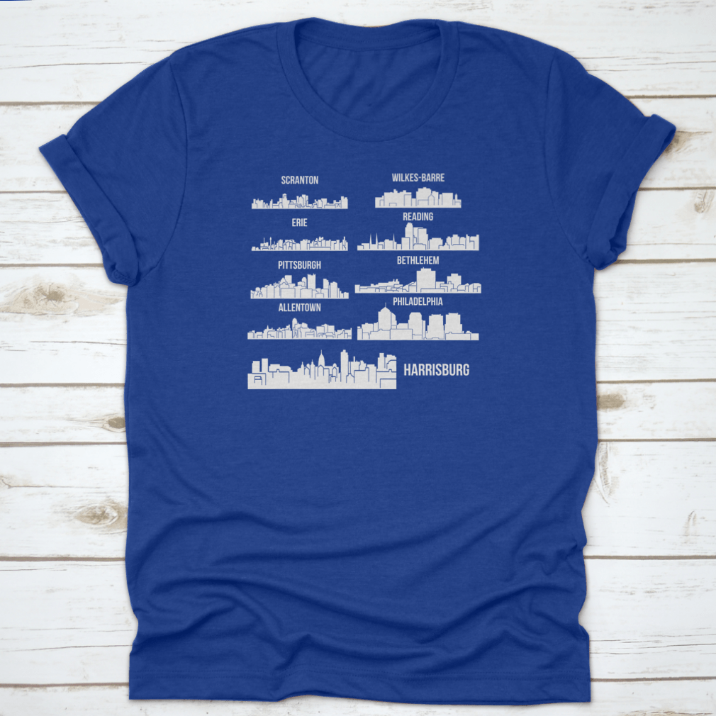 Set of 9 City T-Shirts featuring designs from Harrisburg, Pittsburgh, and Philadelphia, made from 100% cotton with a classic fit.