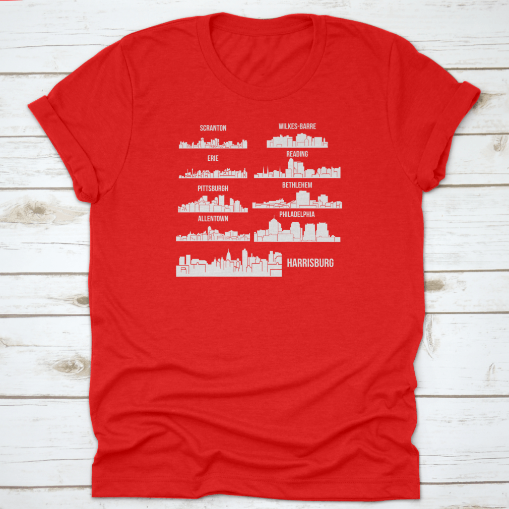 Set of 9 City T-Shirts featuring designs from Harrisburg, Pittsburgh, and Philadelphia, made from 100% cotton with a classic fit.