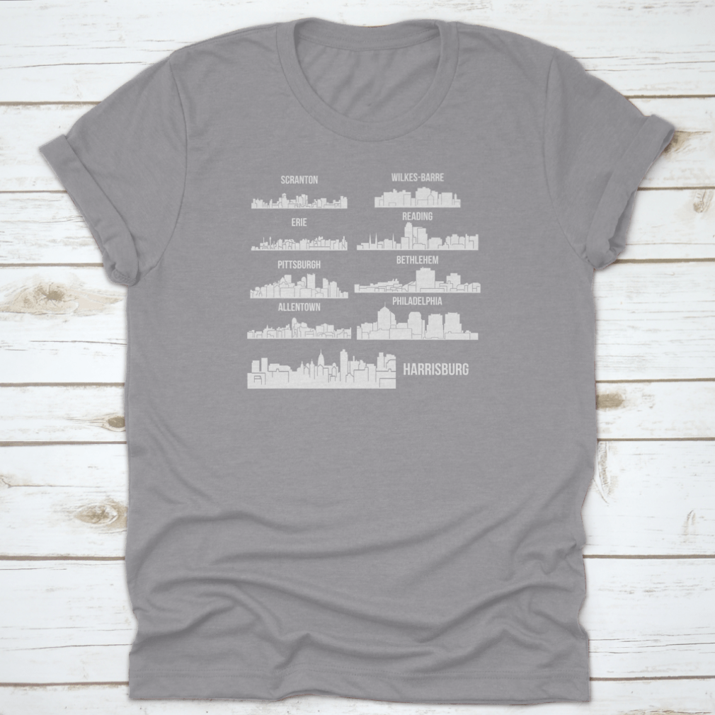 Set of 9 City T-Shirts featuring designs from Harrisburg, Pittsburgh, and Philadelphia, made from 100% cotton with a classic fit.