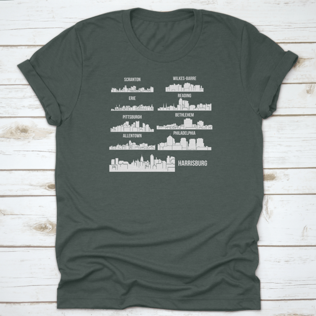 Set of 9 City T-Shirts featuring designs from Harrisburg, Pittsburgh, and Philadelphia, made from 100% cotton with a classic fit.