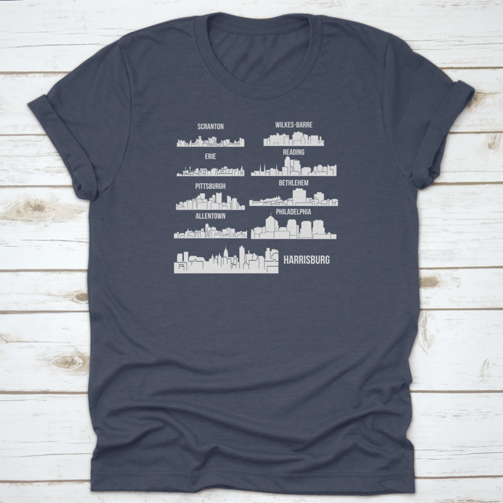 Set of 9 City T-Shirts featuring designs from Harrisburg, Pittsburgh, and Philadelphia, made from 100% cotton with a classic fit.