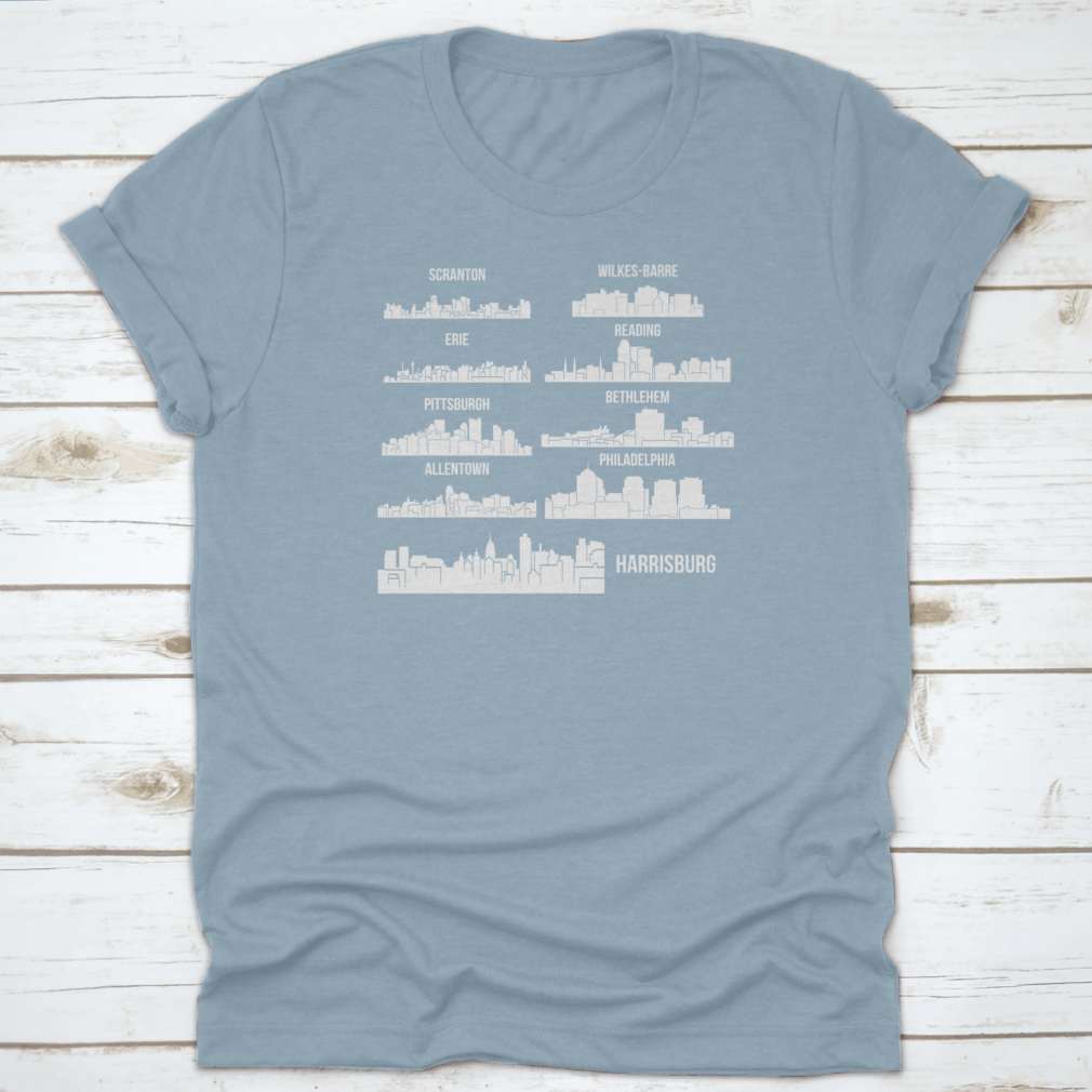 Set of 9 City T-Shirts featuring designs from Harrisburg, Pittsburgh, and Philadelphia, made from 100% cotton with a classic fit.