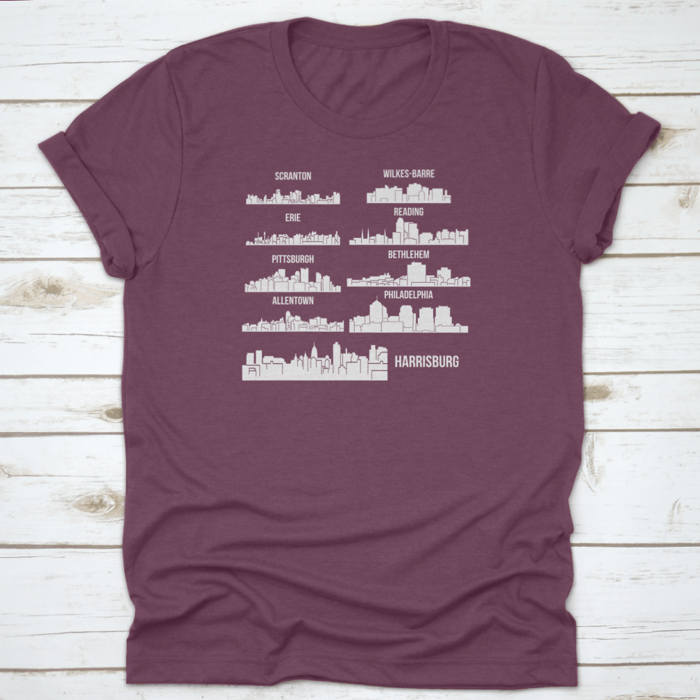 Set of 9 City T-Shirts featuring designs from Harrisburg, Pittsburgh, and Philadelphia, made from 100% cotton with a classic fit.