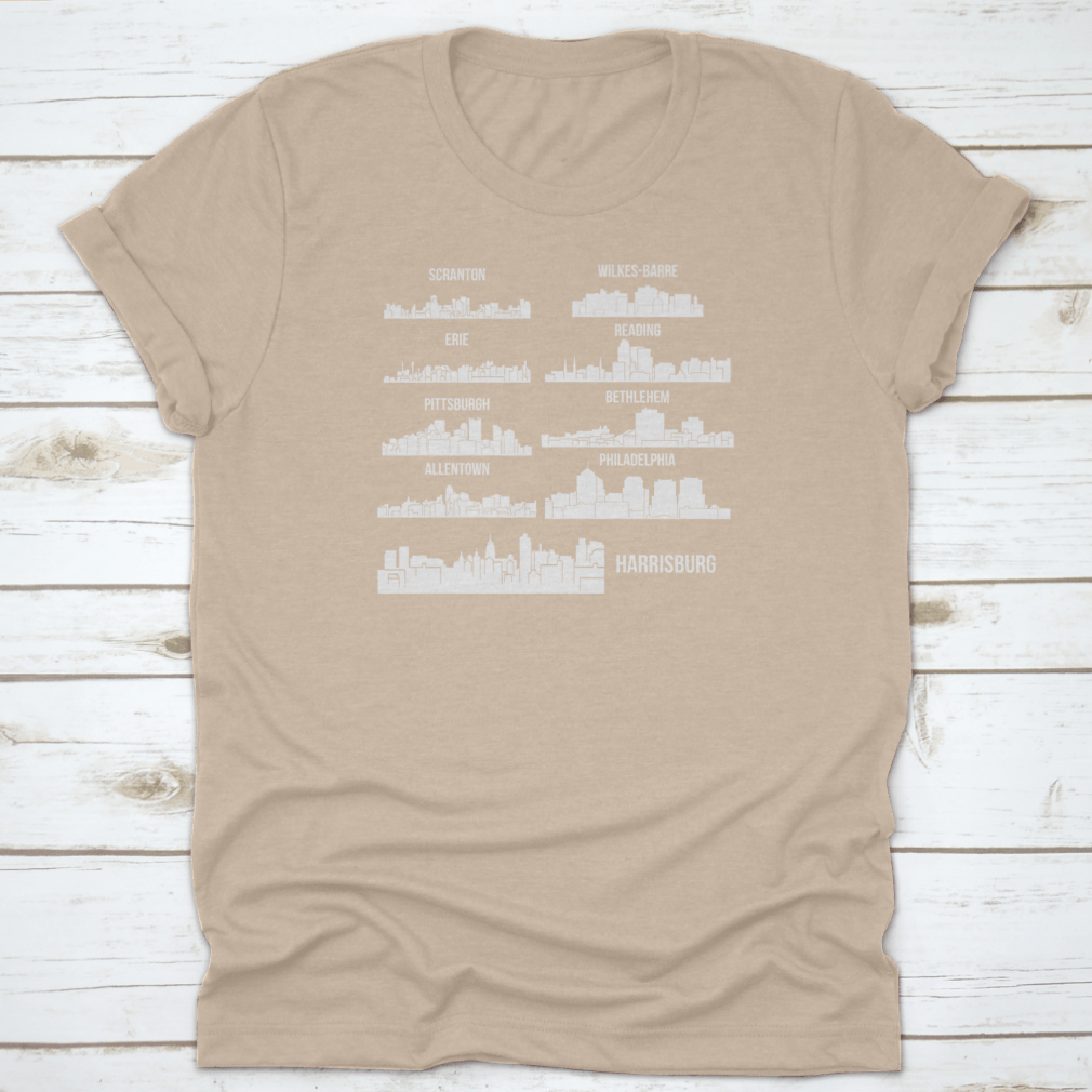 Set of 9 City T-Shirts featuring designs from Harrisburg, Pittsburgh, and Philadelphia, made from 100% cotton with a classic fit.