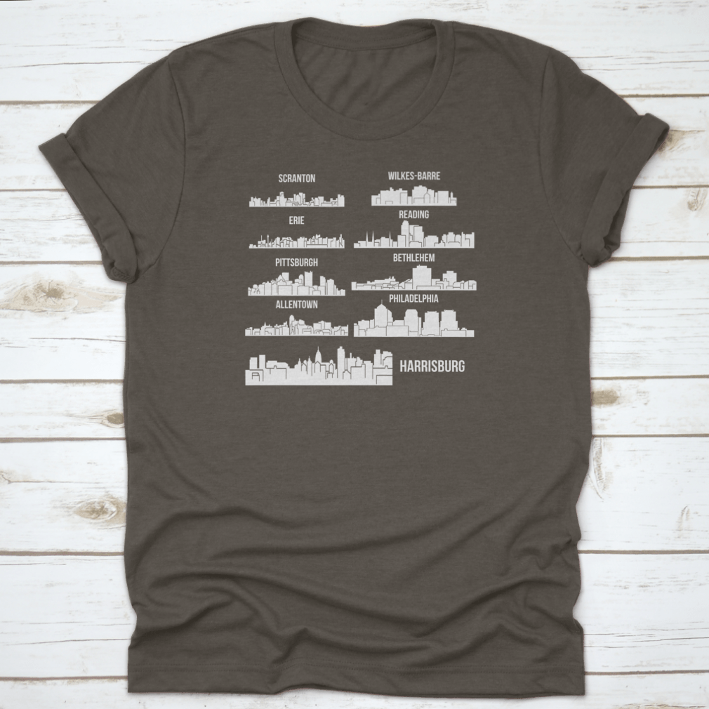 Set of 9 City T-Shirts featuring designs from Harrisburg, Pittsburgh, and Philadelphia, made from 100% cotton with a classic fit.