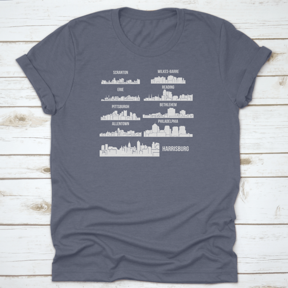 Set of 9 City T-Shirts featuring designs from Harrisburg, Pittsburgh, and Philadelphia, made from 100% cotton with a classic fit.