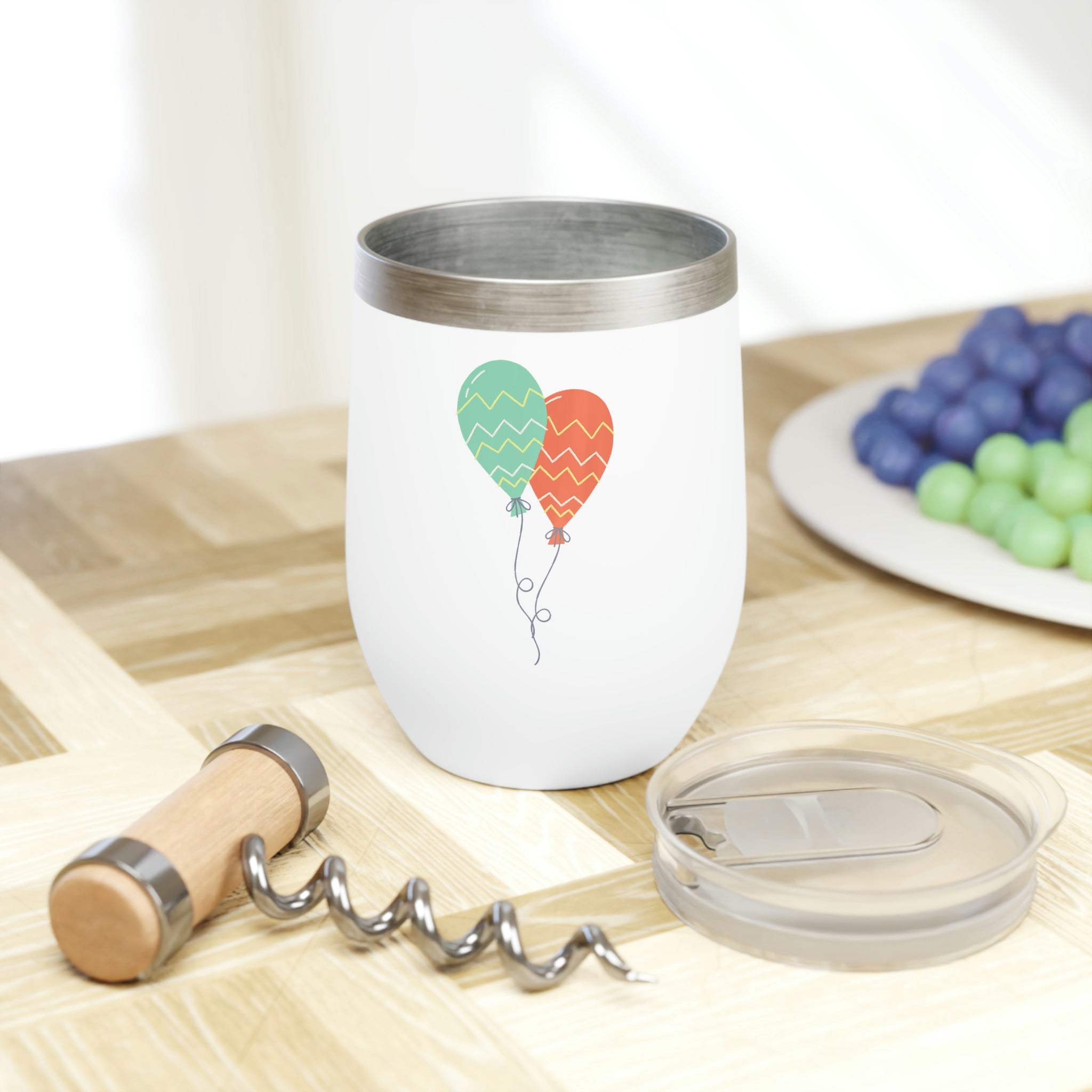 Set of Balloons Chill Wine Tumbler in stainless steel with a colorful balloon design, perfect for keeping wine at the ideal temperature.