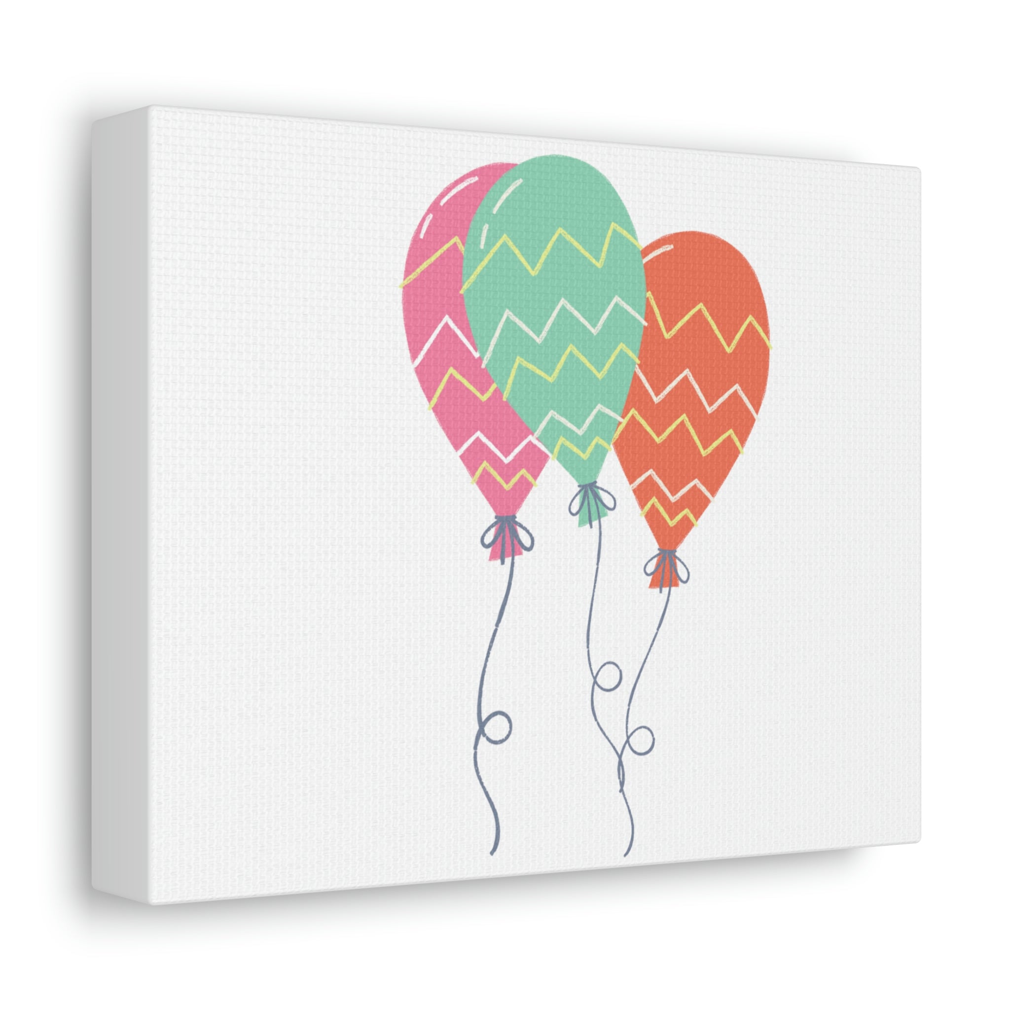 A vibrant set of balloons printed on a stretched canvas, showcasing bright colors and detailed designs, perfect for indoor decoration.