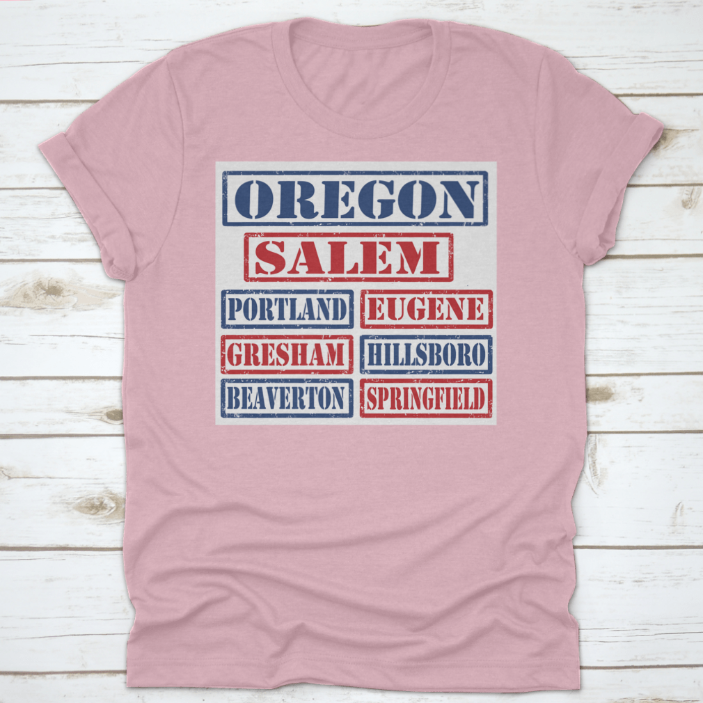 Vector illustration of a set of Oregon cities stamps on a white background, showcasing intricate designs and details.