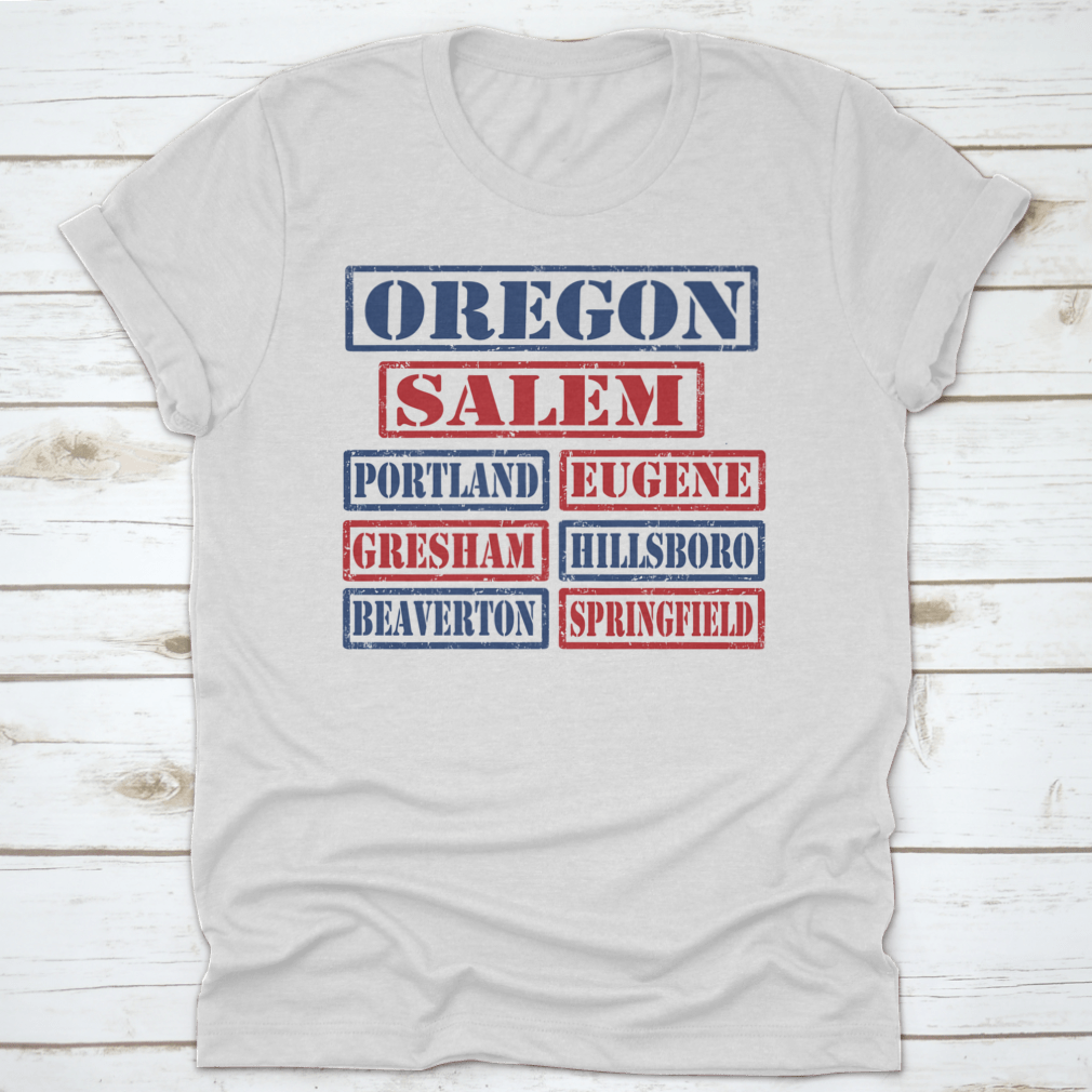 Vector illustration of a set of Oregon cities stamps on a white background, showcasing intricate designs and details.