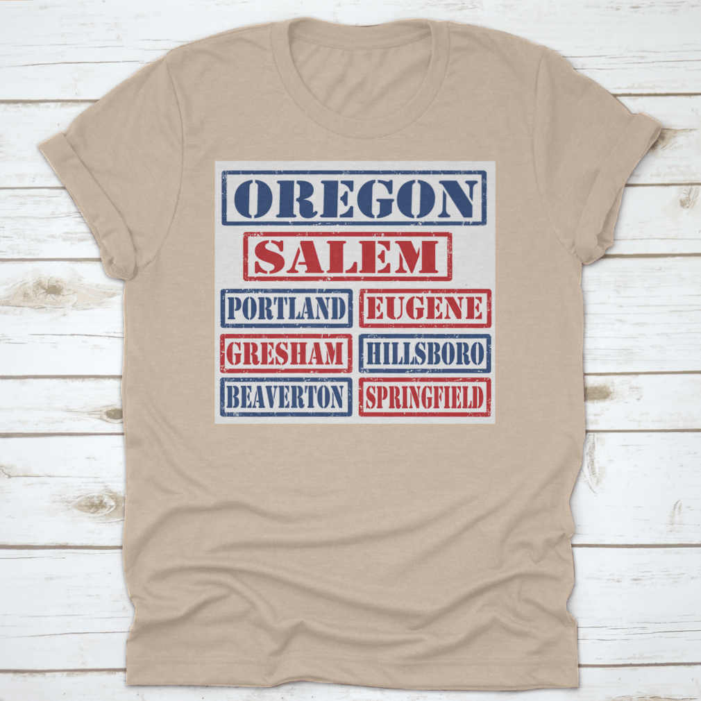 Vector illustration of a set of Oregon cities stamps on a white background, showcasing intricate designs and details.